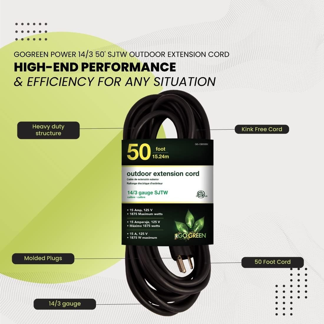 Go Green Power 50ft Black Outdoor Extension Cord – Moisture & Abrasion Resistant
