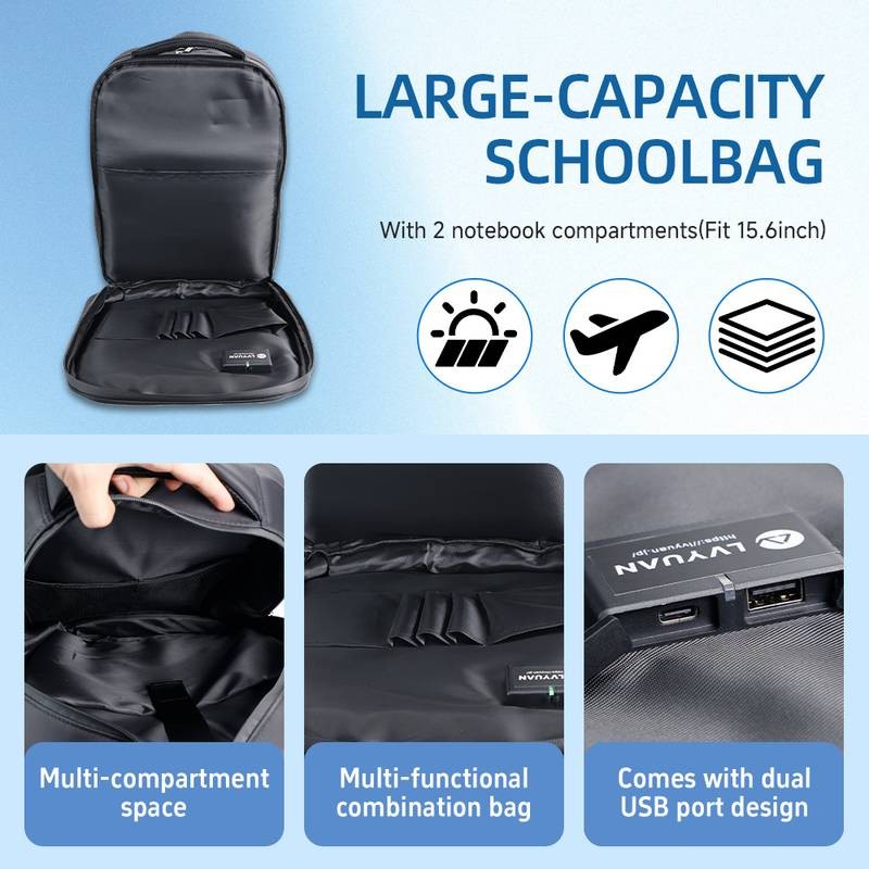 20W Solar Backpack 5V 3A Type C & Type A Charger for Camping Trip Hiking Black
