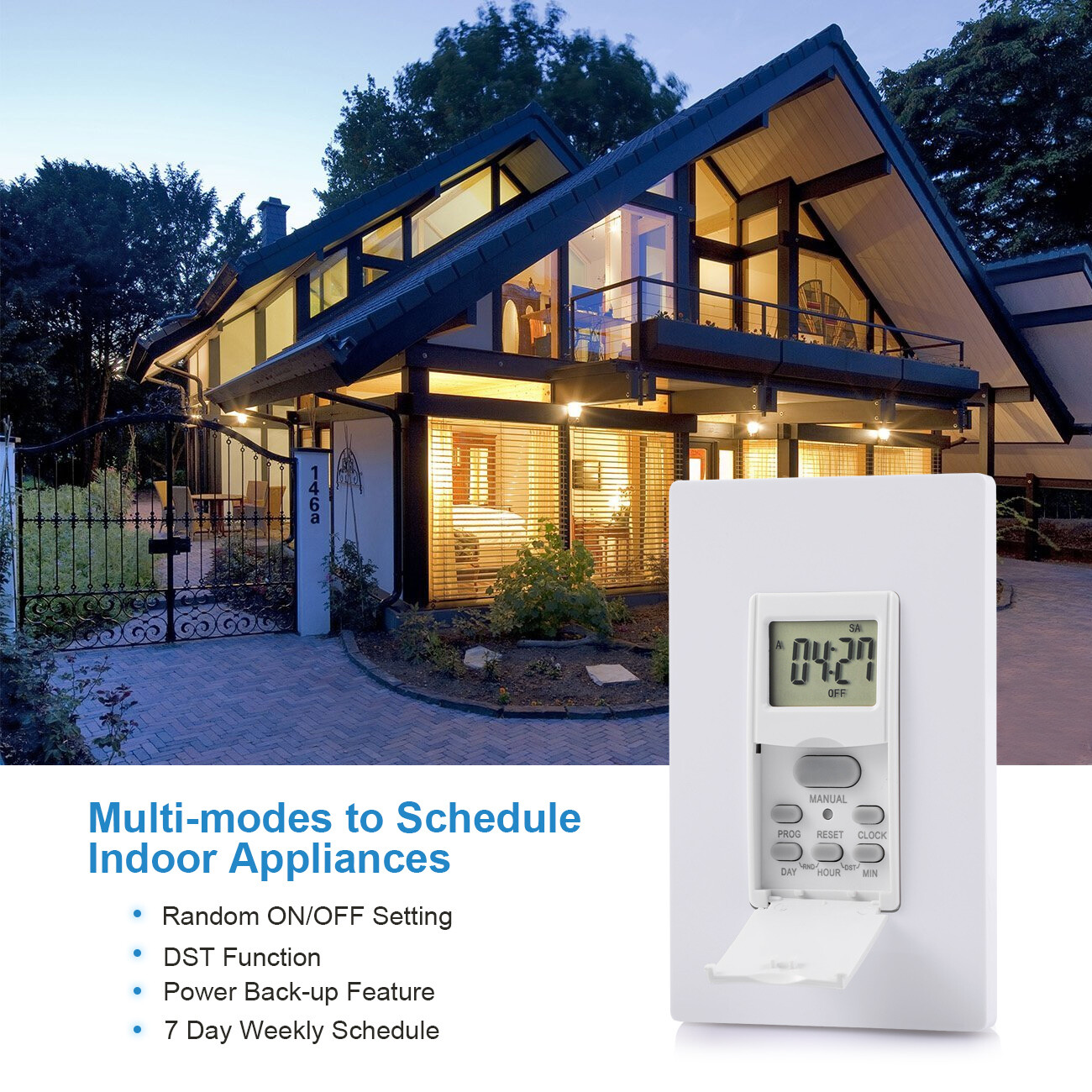 DEWENWILS Indoor in Wall Timer Switch for Lights,Fans,7 Day 7 ON/Off Settings
