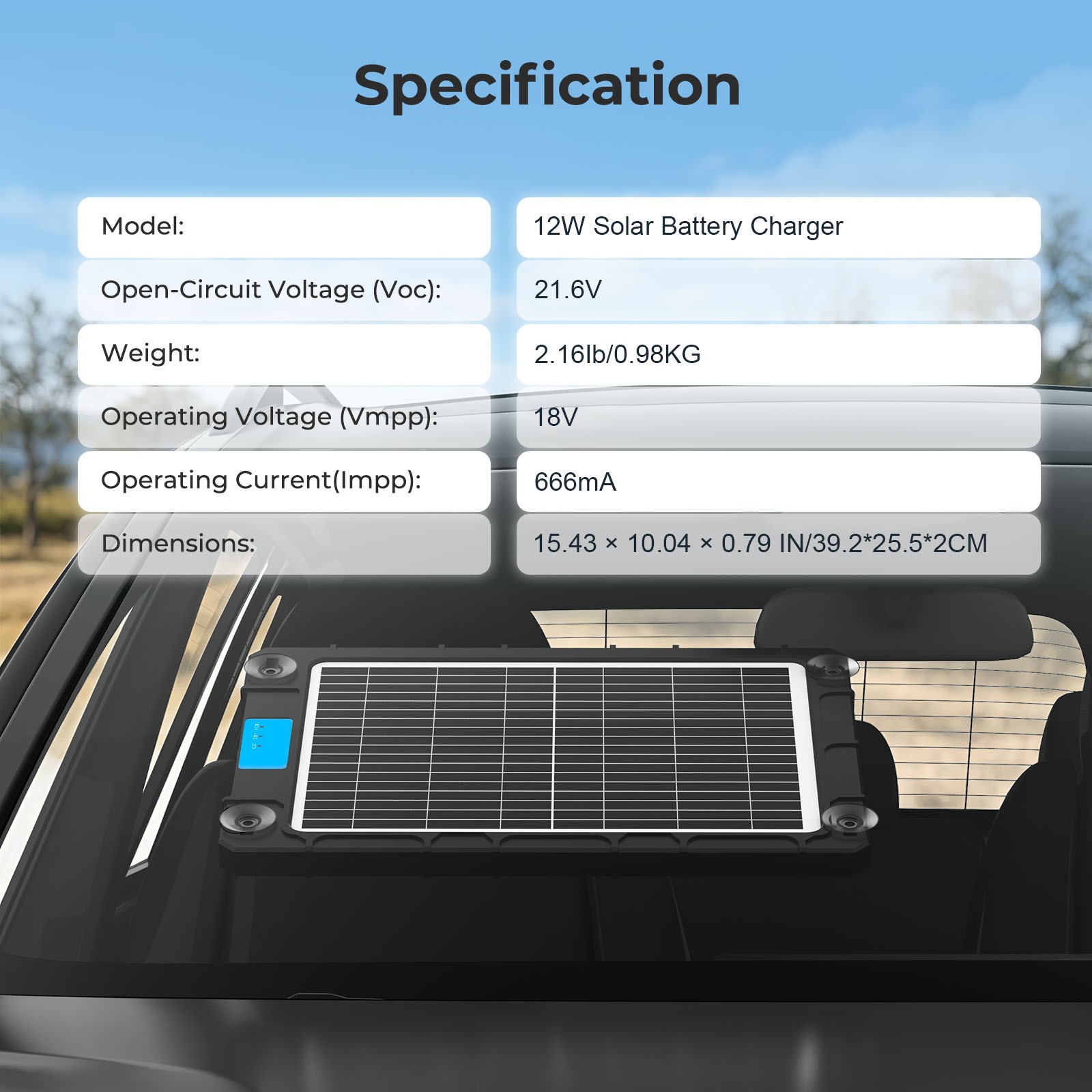 12V 12W Solar Car Battery Trickle Charger Maintainer with Smart PWM Controller