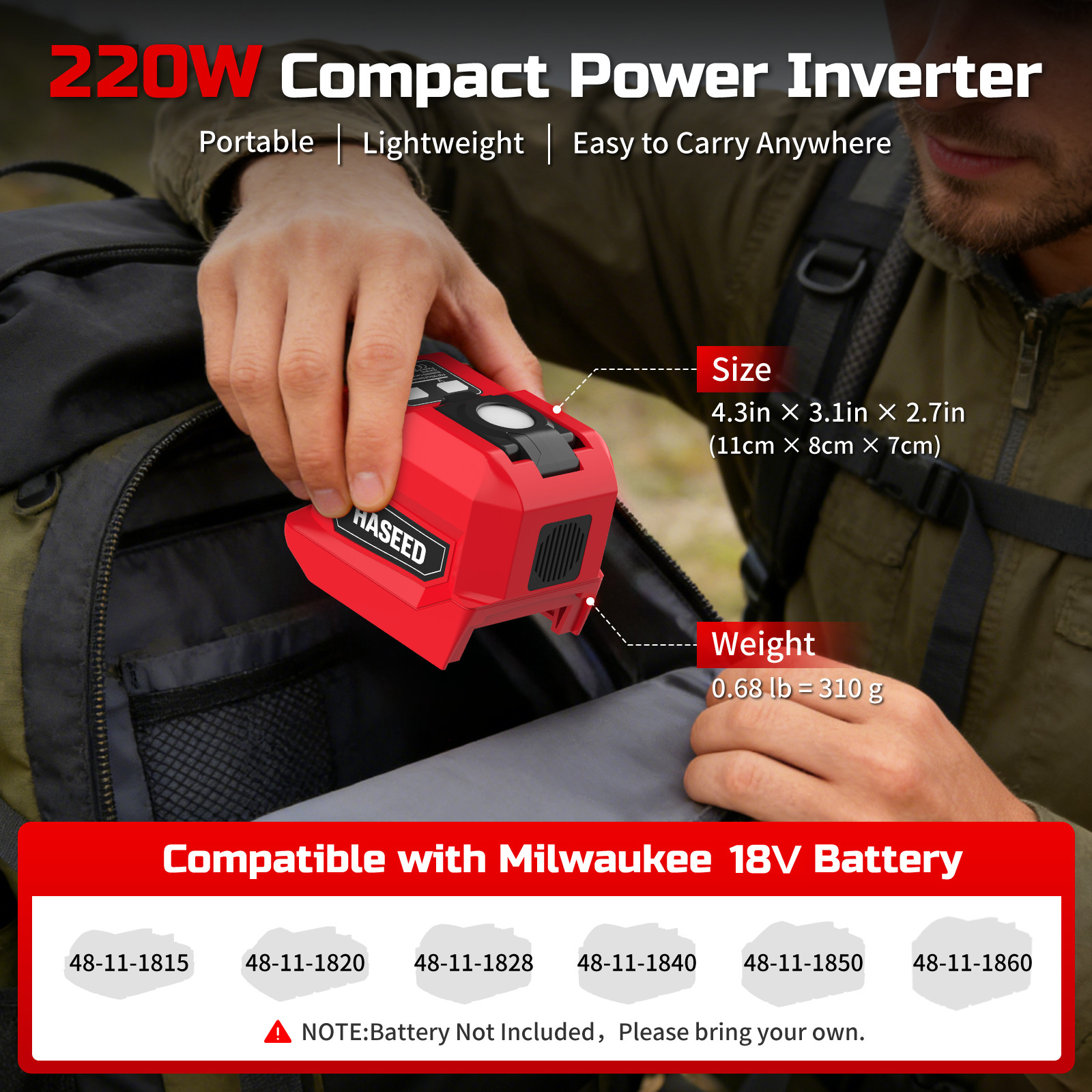 220W Power Inverter for Milwaukee 18V Battery 110V AC +3 USB + 400lm LED Light