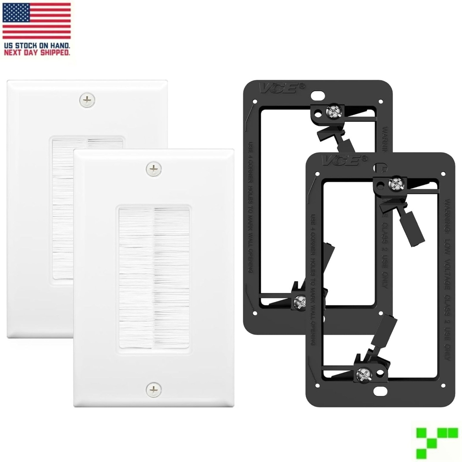 In-Wall Cable Management Kit 2x (Brush Wall Plate+Mounting Bracket) Pass Through