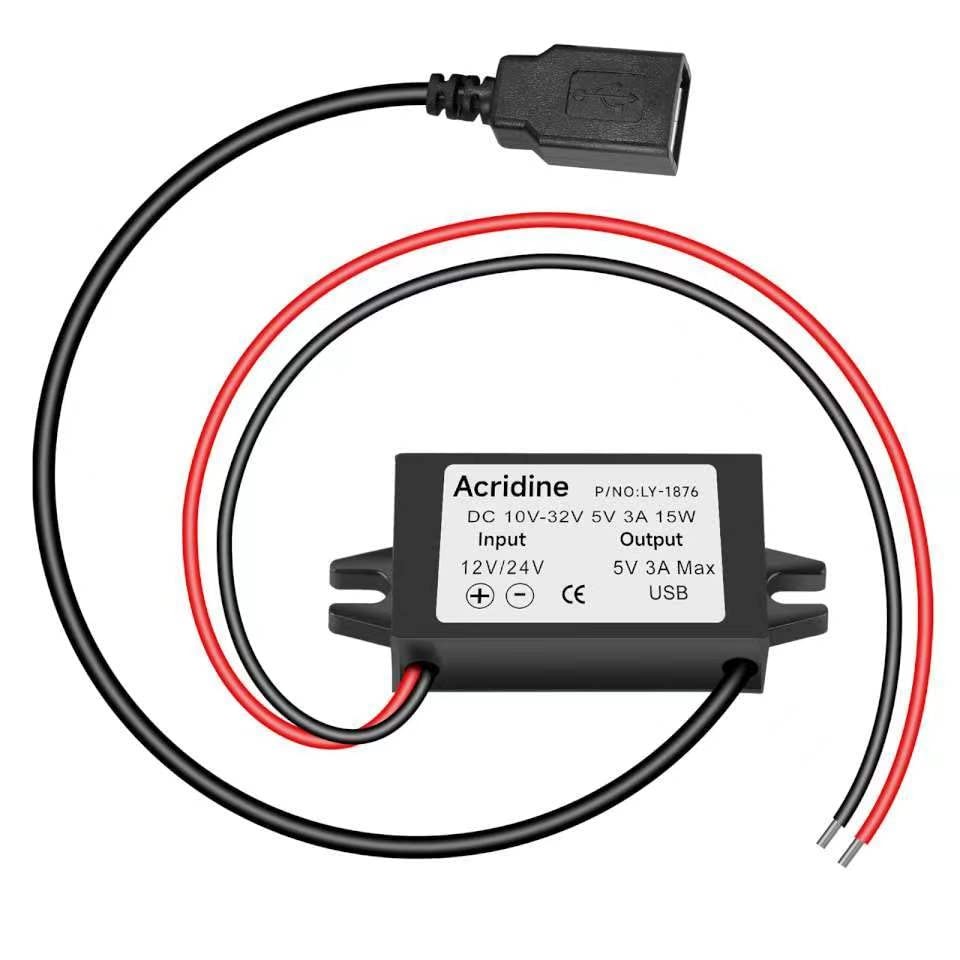 Acridine 12V 24V DC to 5V 3A USB Female Converter Adapter Buck Module Black