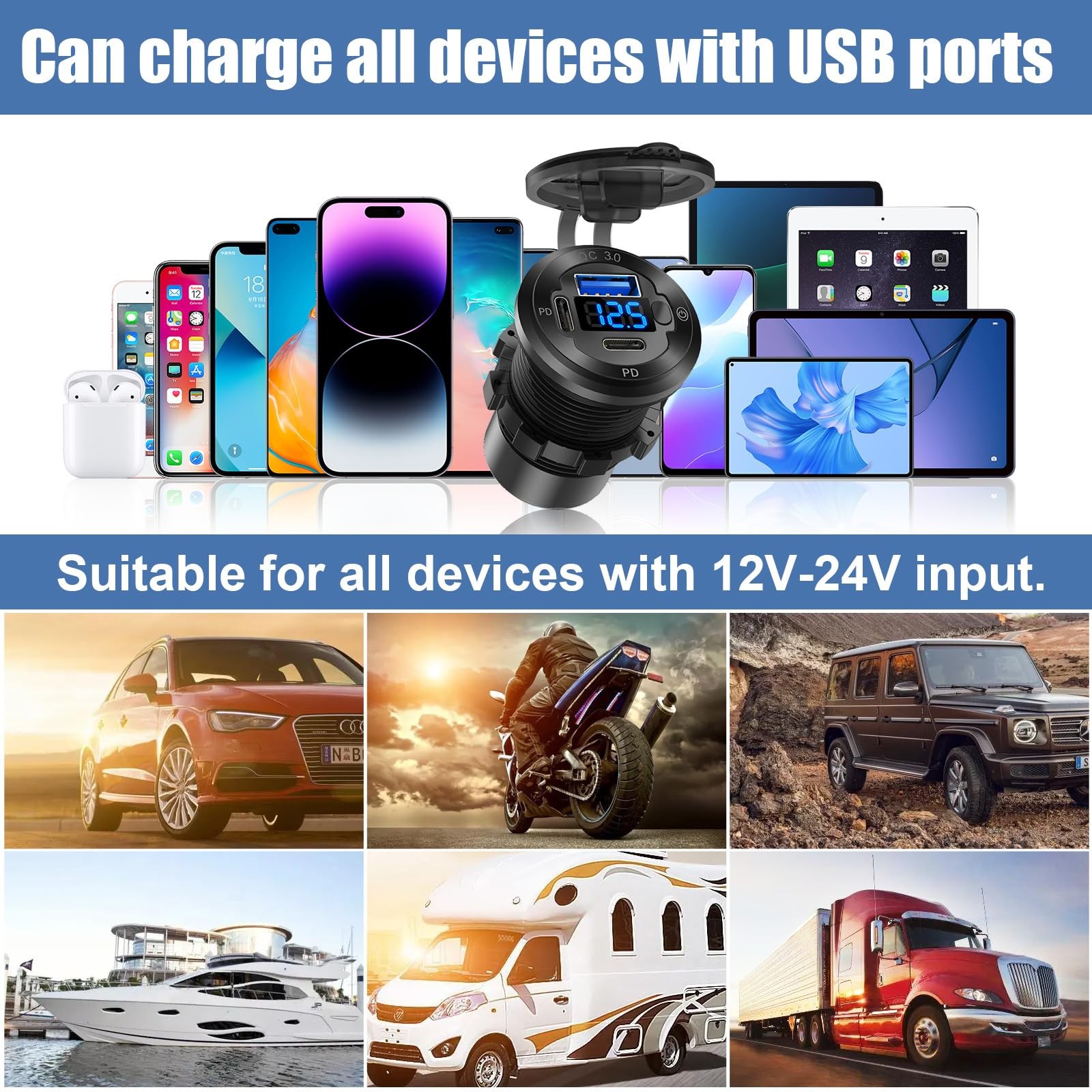 12V USB Car Socket Round C Outlet, 3-Port Marine Fast pack of one