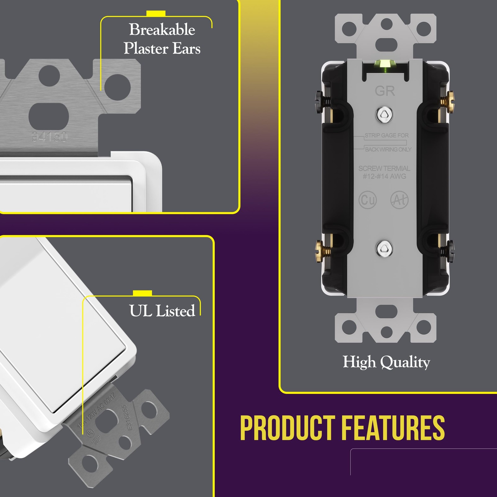4 Way Light Switch Paddle, Residential Grade, Grounding Screw Included, White