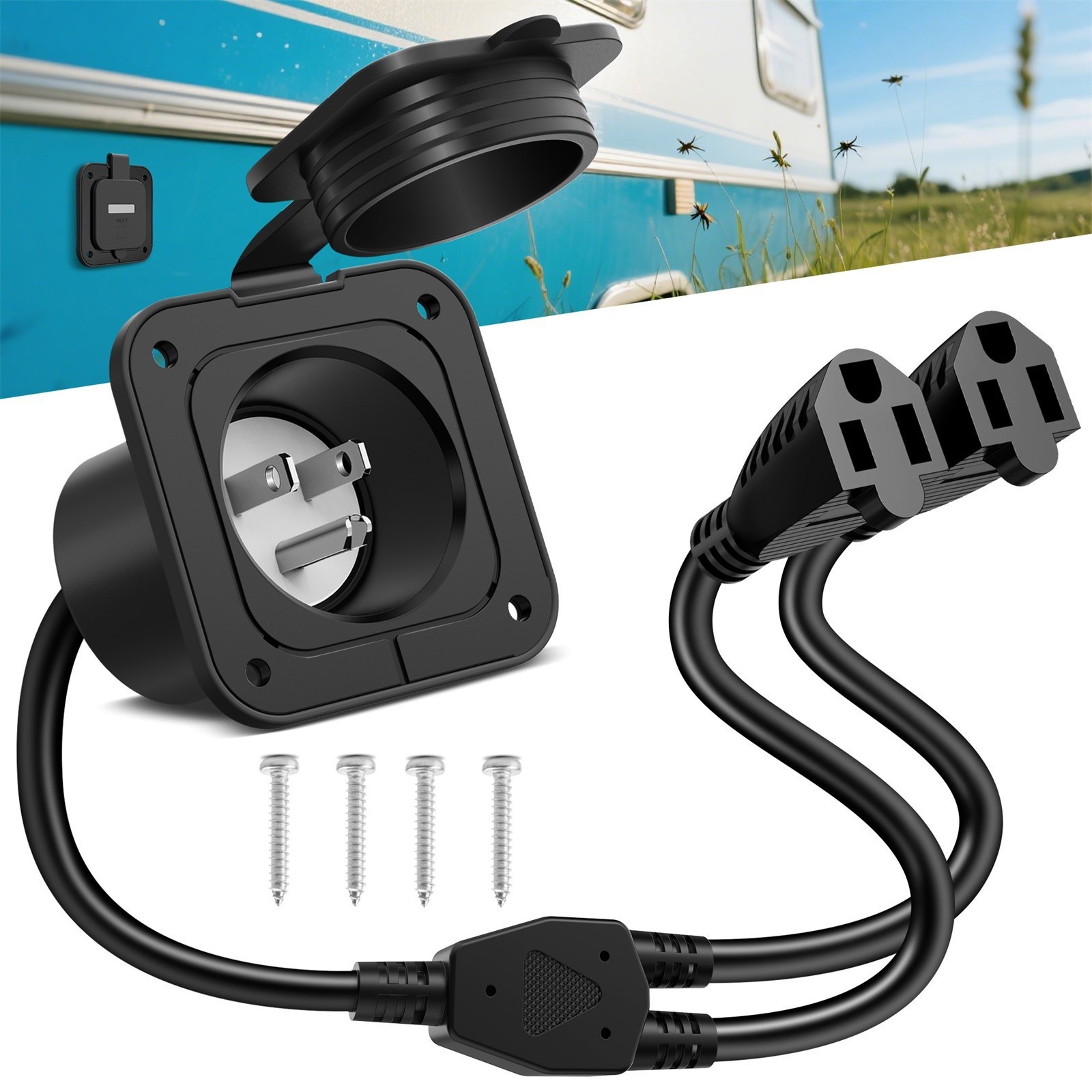 15Amp 125V AC Dual Y-Splitter 18 inch RV Power Inlet Extended Cord For Camper RV