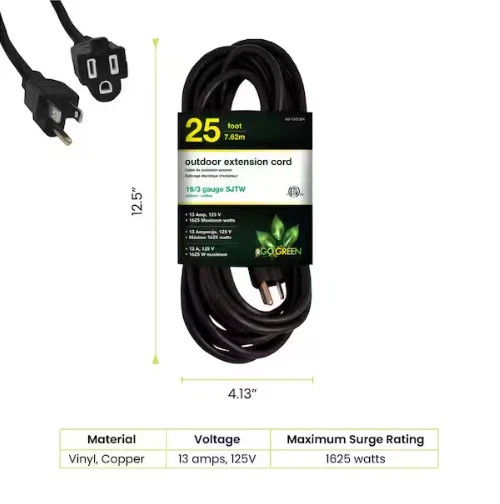 GoGreen Power 25 ft. 16/3 Heavy Duty Outdoor Extension Cord – Black