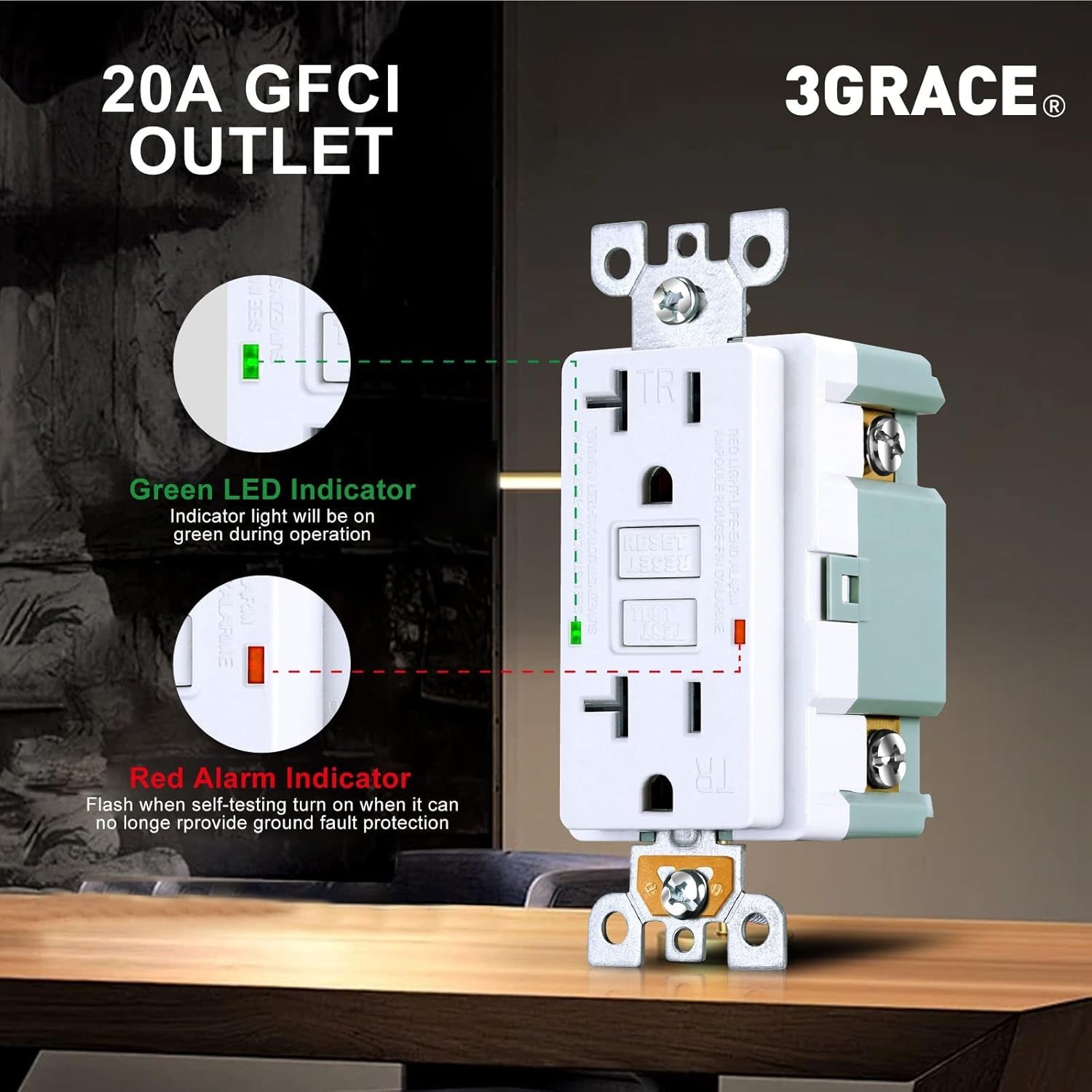 3Grace GFCI Outlet 20Amp with LED Indicator, Outdoor Tamper-Resistant, White