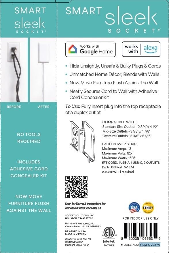 Wi-Fi Smart Outlet Concealer with App Control and Voice Assistant Compatibility