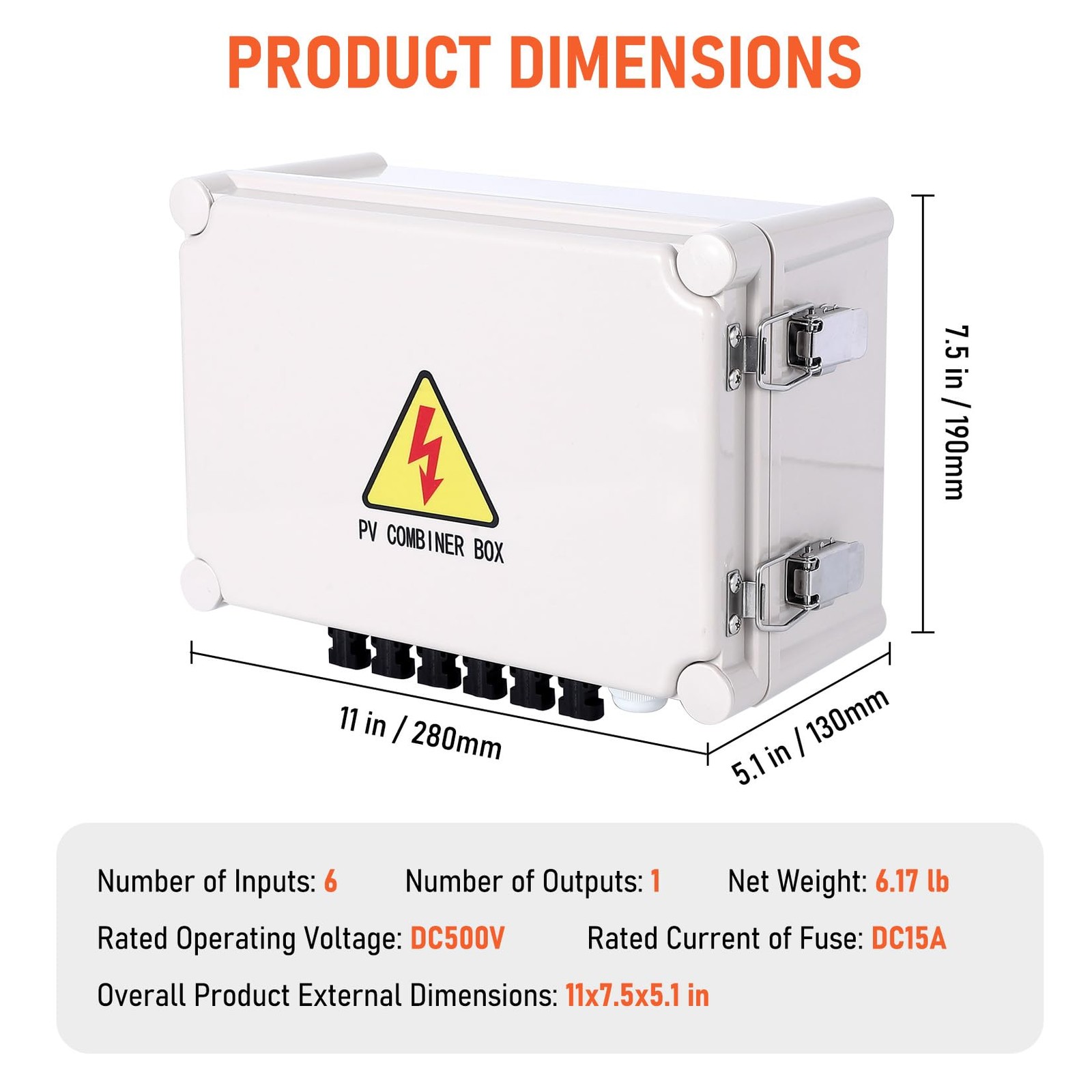 1pc 6 String PV Combiner Box, DC 500V 15A Fuse Solar Combiner Box Plastic Wate