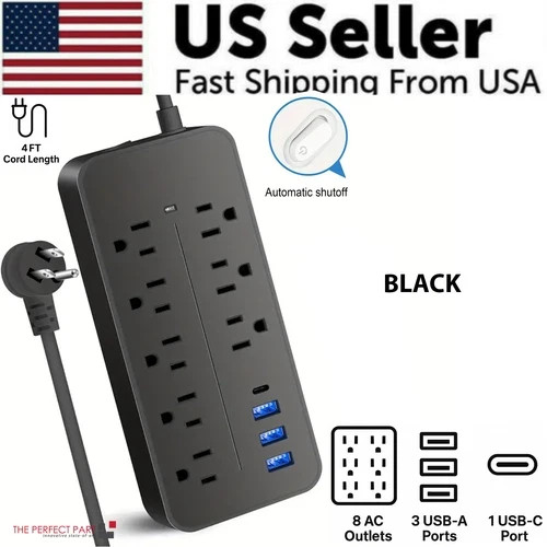 US Power Strip Surge Protector 8 AC Outlets 3 USB Ports + Type C Port 4 FT Cable