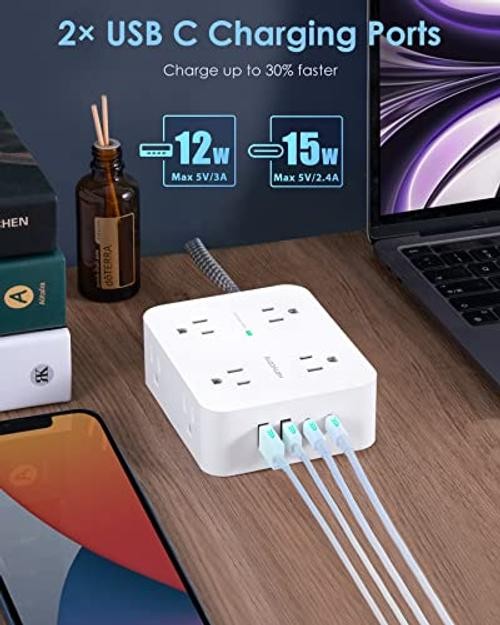 6Ft Surge Protector Power Strip USB C, 1080J, 8 Outlet Extender | 6ft White
