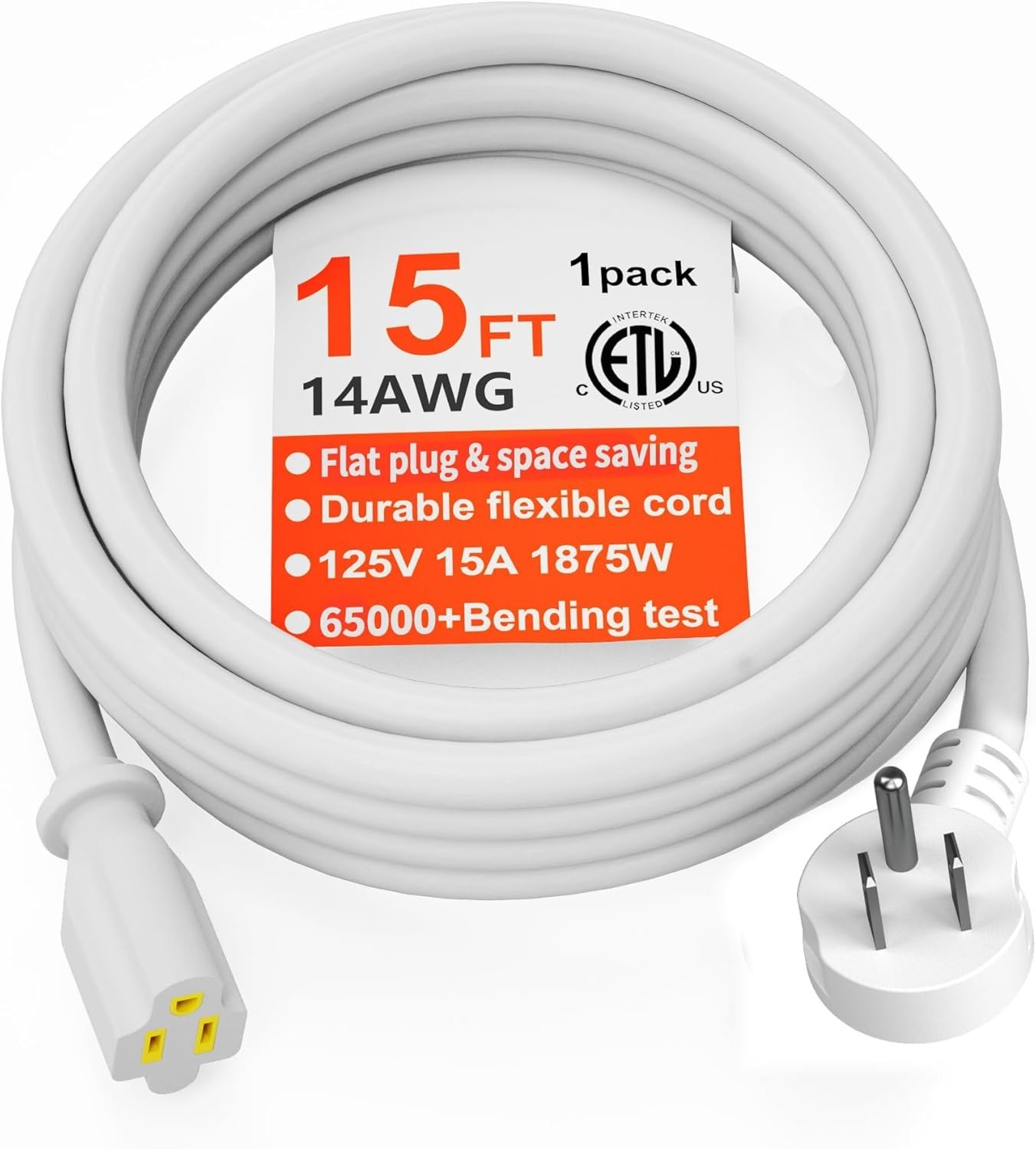 14 Gauge 15 FT Flat Plug Extension Cord White Indoor Outdoor, Heavy Duty 3 Pr…