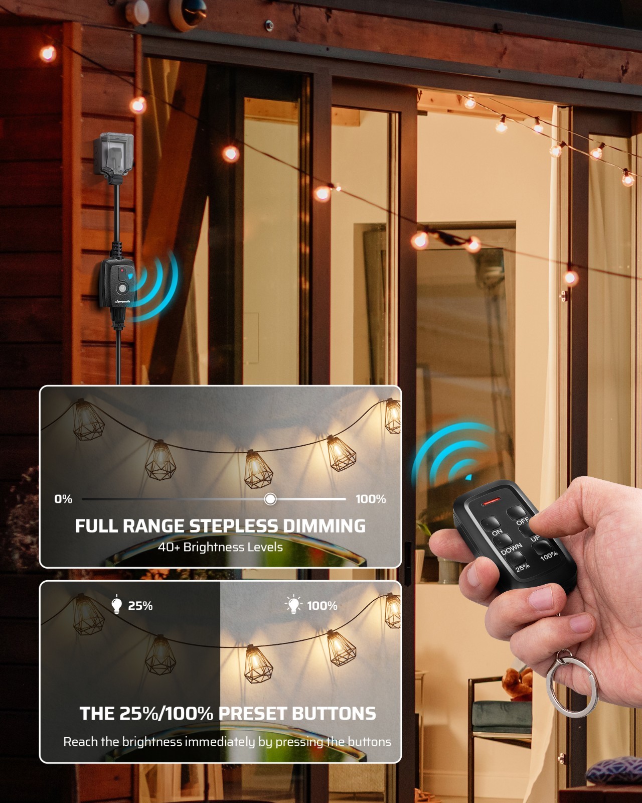 DEWENWILS Outdoor Dimmer for String Lights with Remote Waterproof Plug-in Dimmer