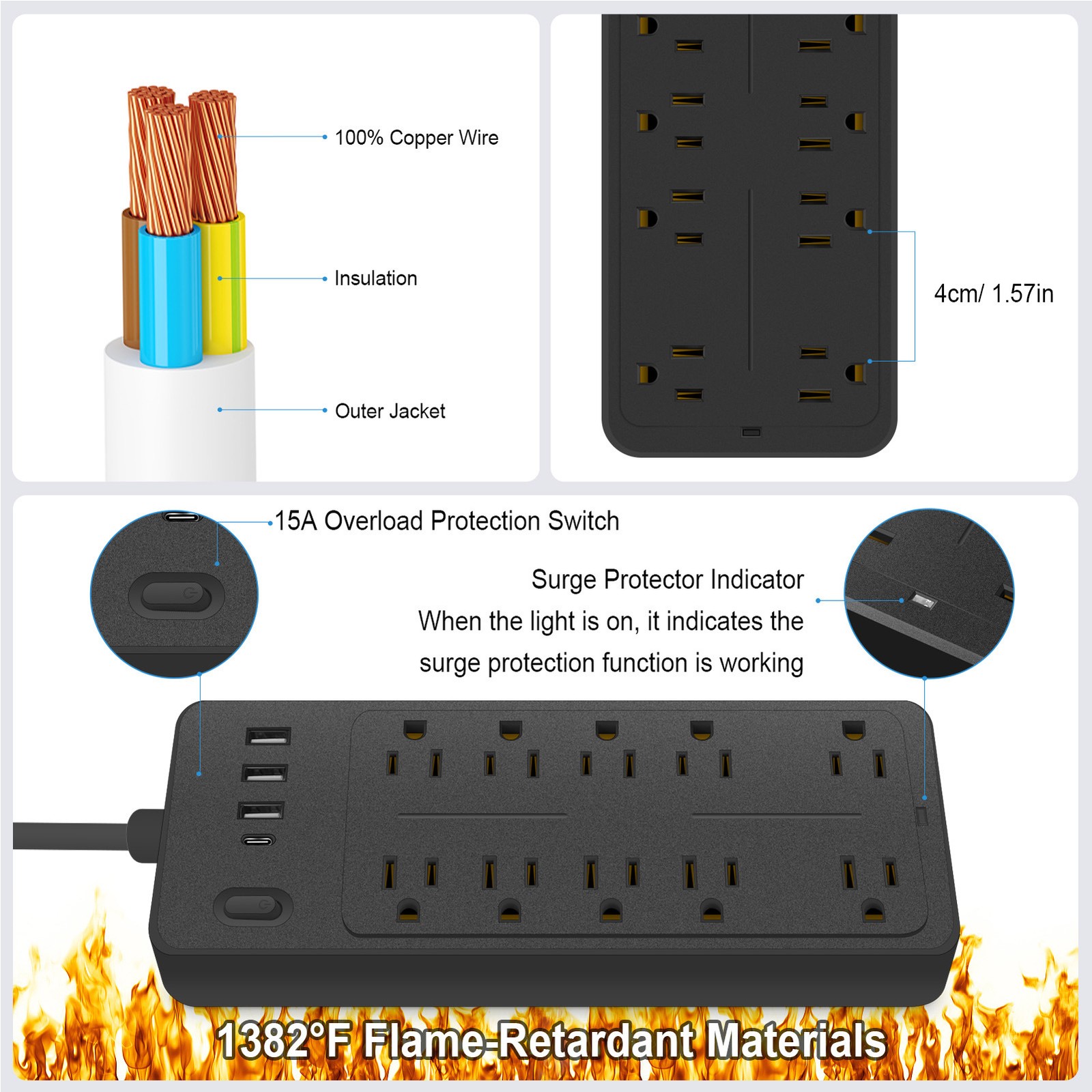 14-in-1 Protector Power Strip With USB Ports 3.9 Ft Cord Multifunctio