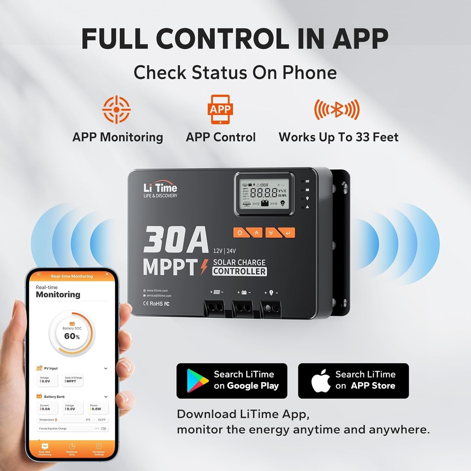 High-Efficiency 30A MPPT Solar Controller | Bluetooth Module & LCD Display