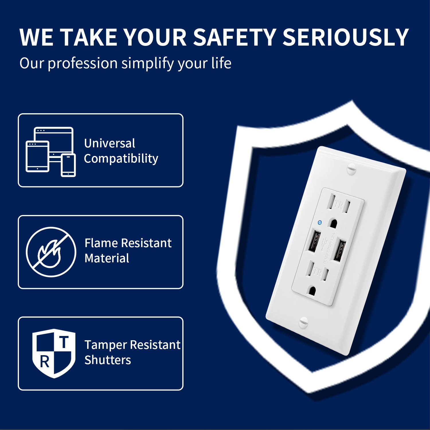 2 USB Ports with 15AMP Dual Outlet Tamper Resistant Wall Socket Standrad Size 2×