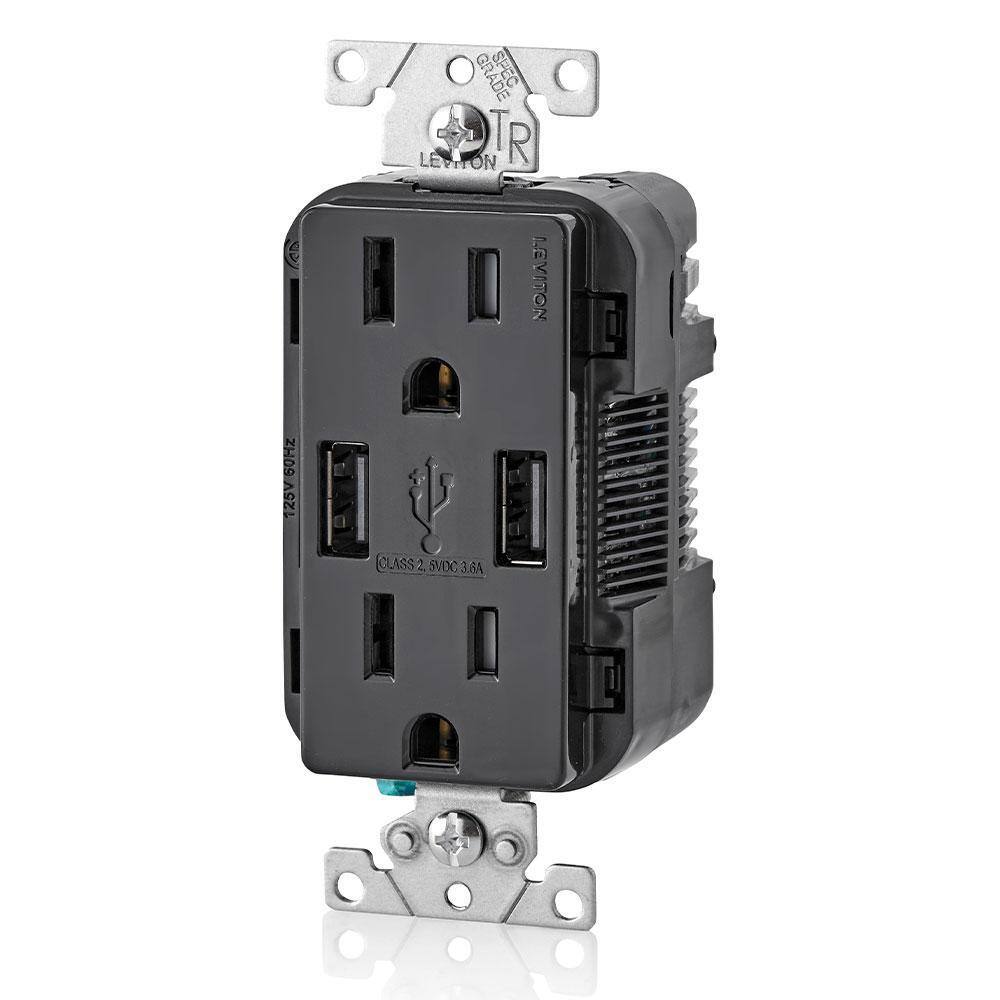 Leviton 3.6A USB Dual Type A Charger 15A Tamper-Resistant Outlets Black T5632-BE
