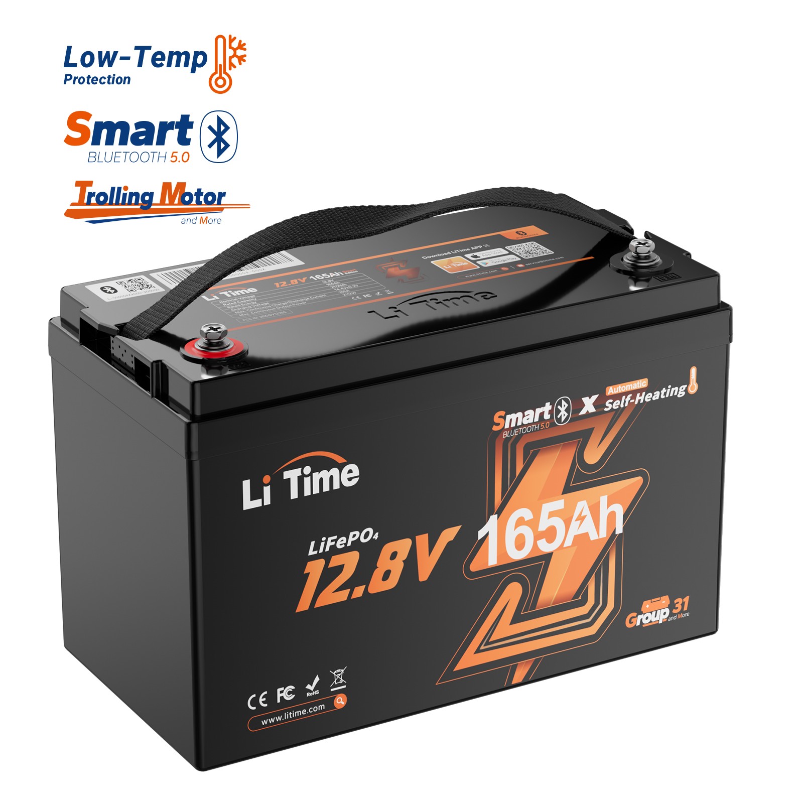 Refurbished LiTime 12V 165Ah Bluetooth Heating Group 31 LiFePO4 Lithium Battery