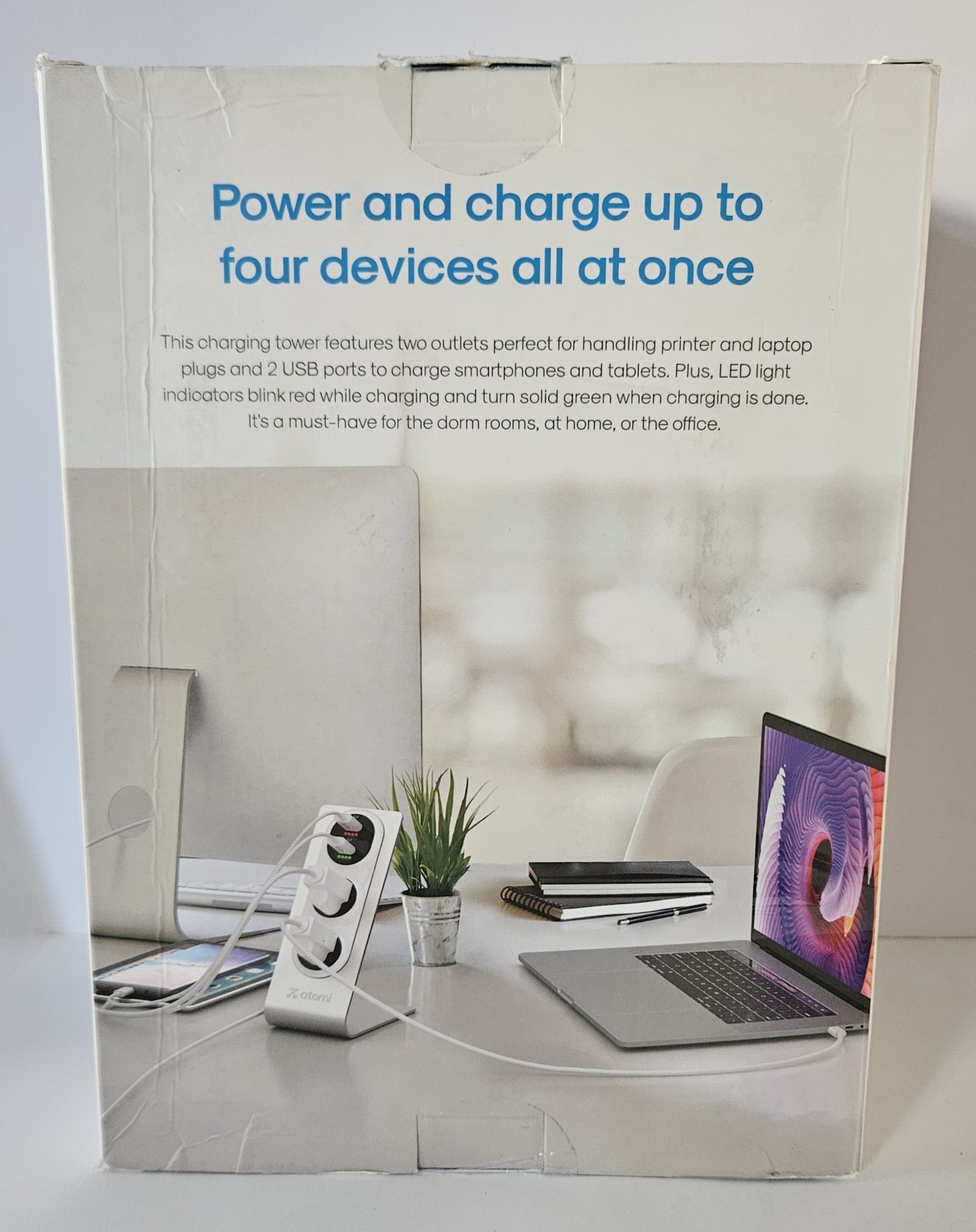 Atomi Desktop Surge Protector Charger 5ft Silver/White Open Box