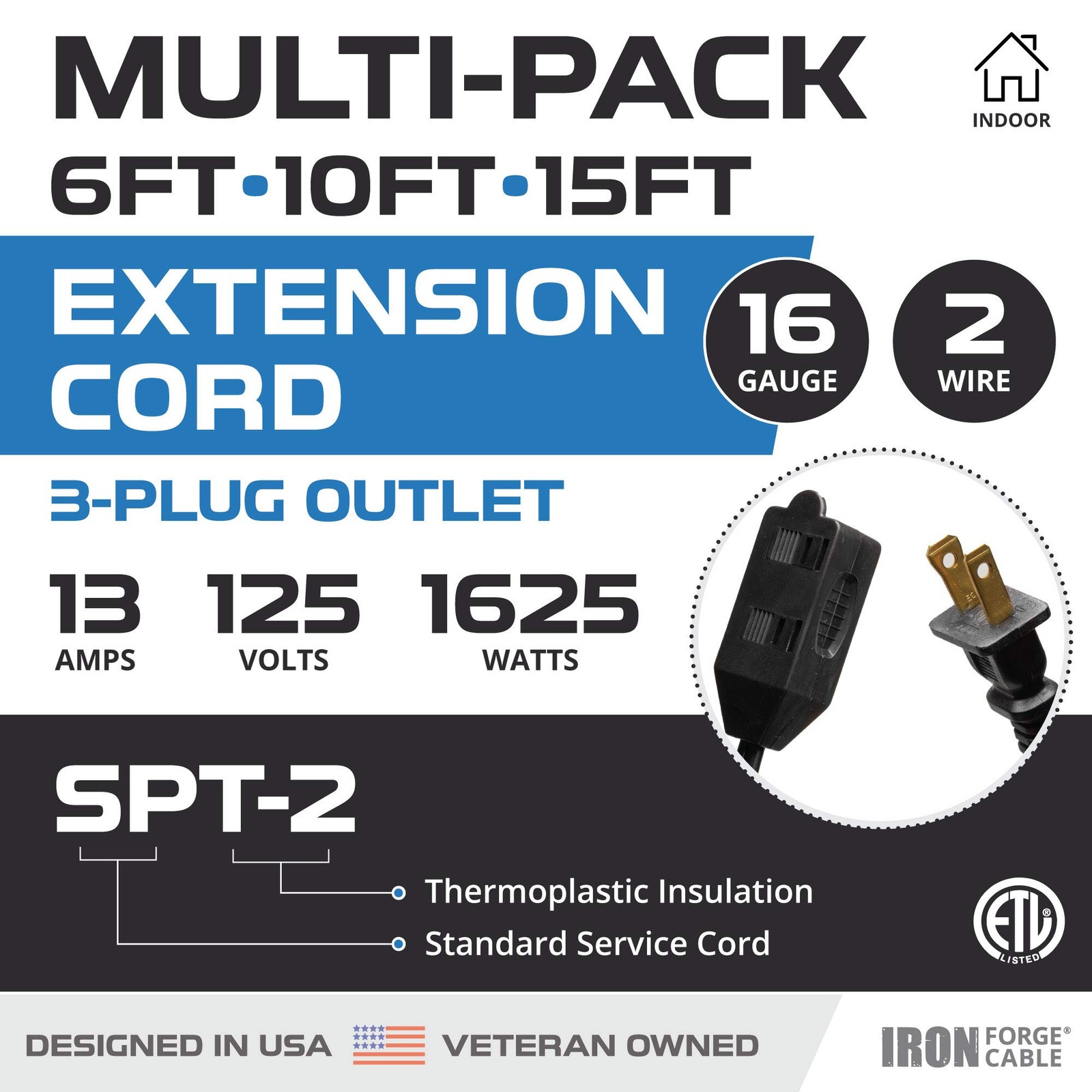 Black Extension Cord 3 Pack, 6ft 10ft & 15ft – 16/2 Durable Electrical Cable