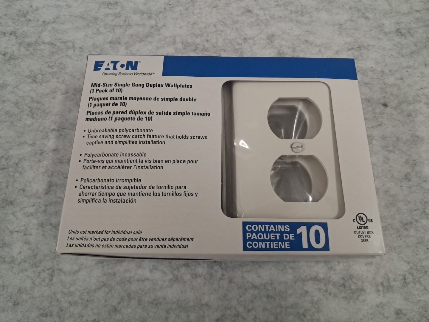 Eaton Mid-Size Single Gang Duplex Wall plate White outlet Cover W/ Screw 10 Pack