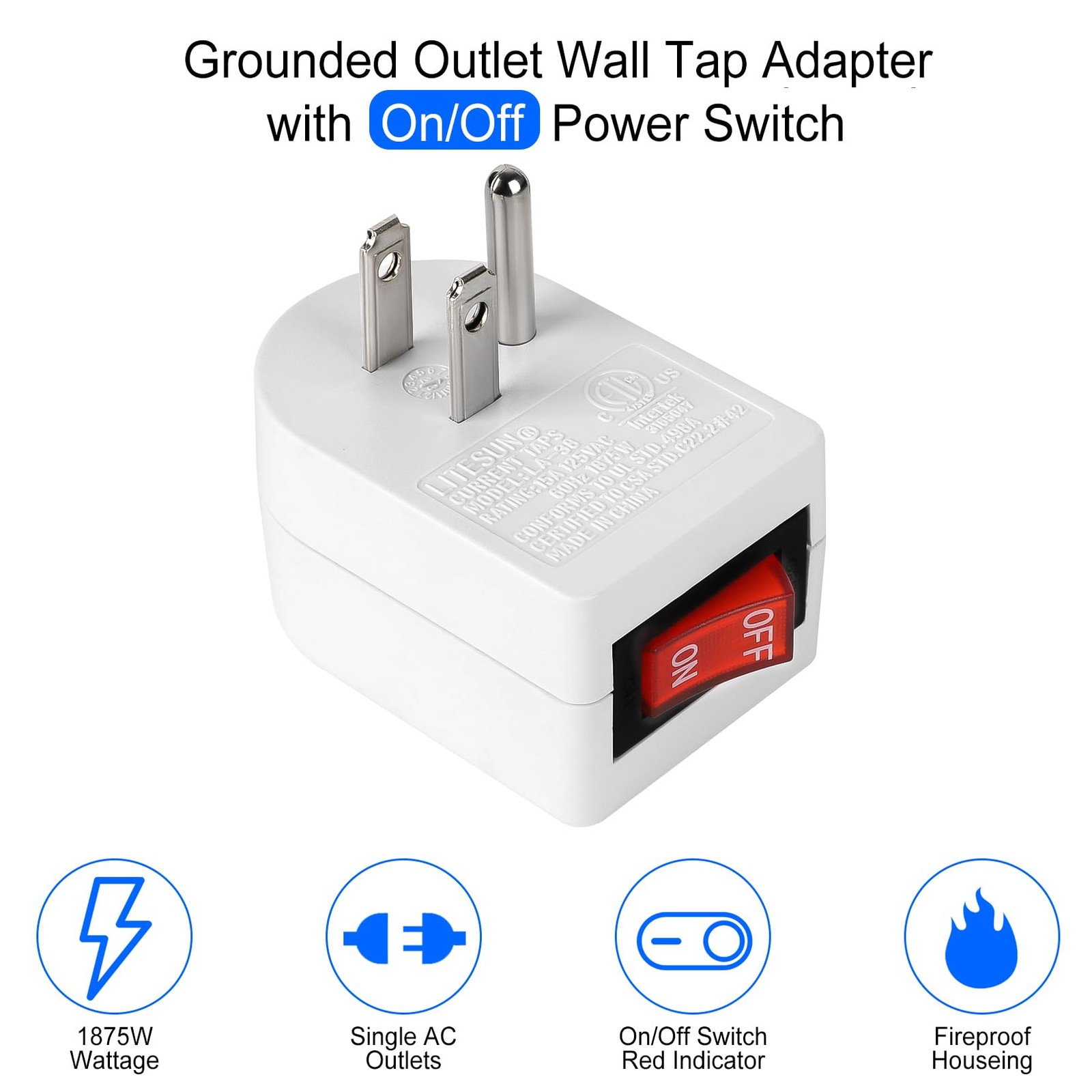 Grounded Outlet with on off Switch (4 Pack), Single Power Adapter Outlet 15A 187