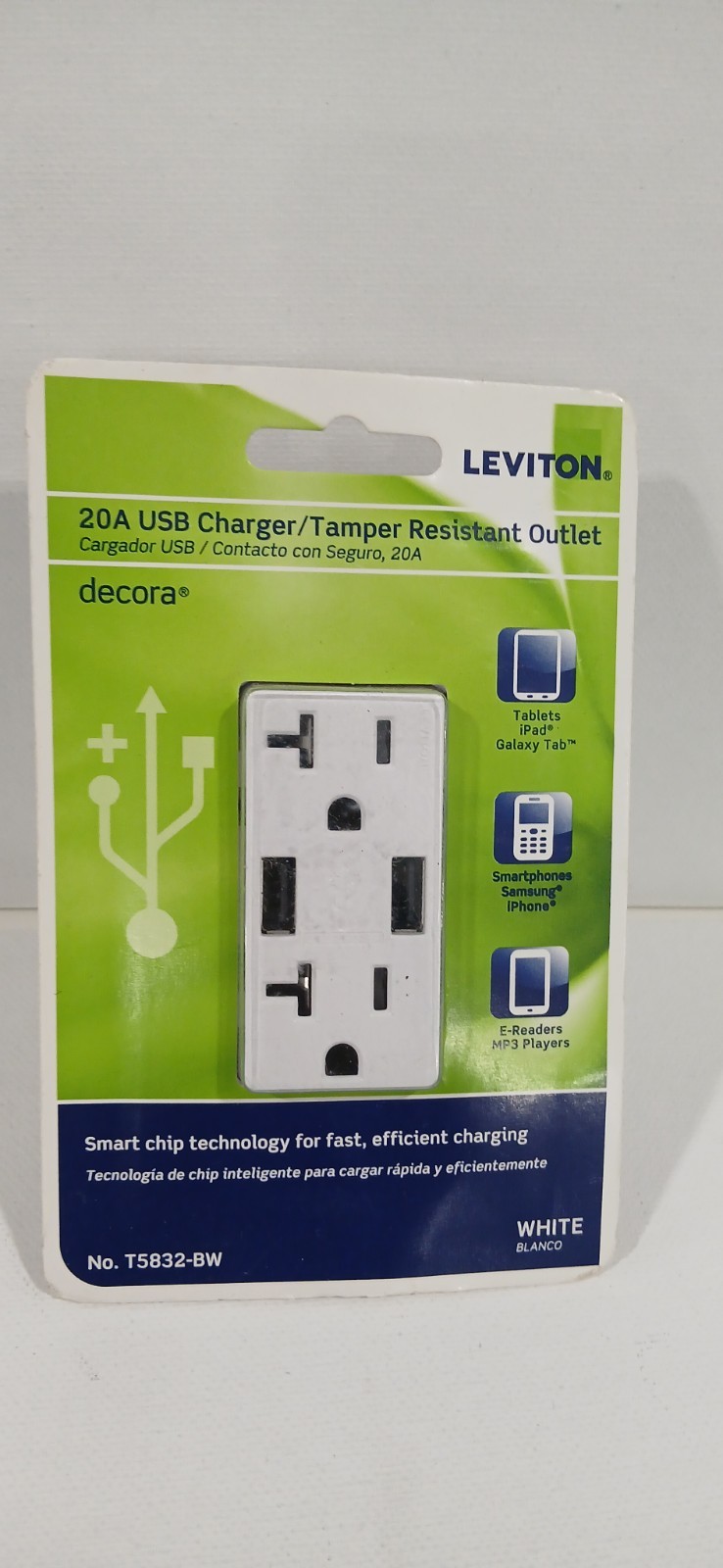 Leviton USB Outlet Tamper Resistant White Type A 18W 20A T5832-BW