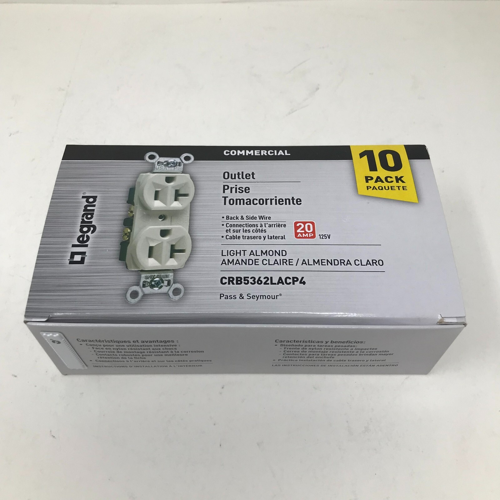Legrand CRB5362LACP4 Commercial 20A Outlet Back & Side Wire Light Almond 10 Pack