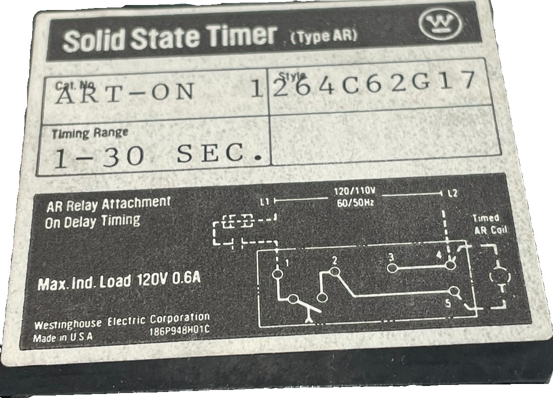 NEW WESTINGHOUSE ART-ON SOLID STATE TIMER 1-30 SEC. RANGE 1264C62G17