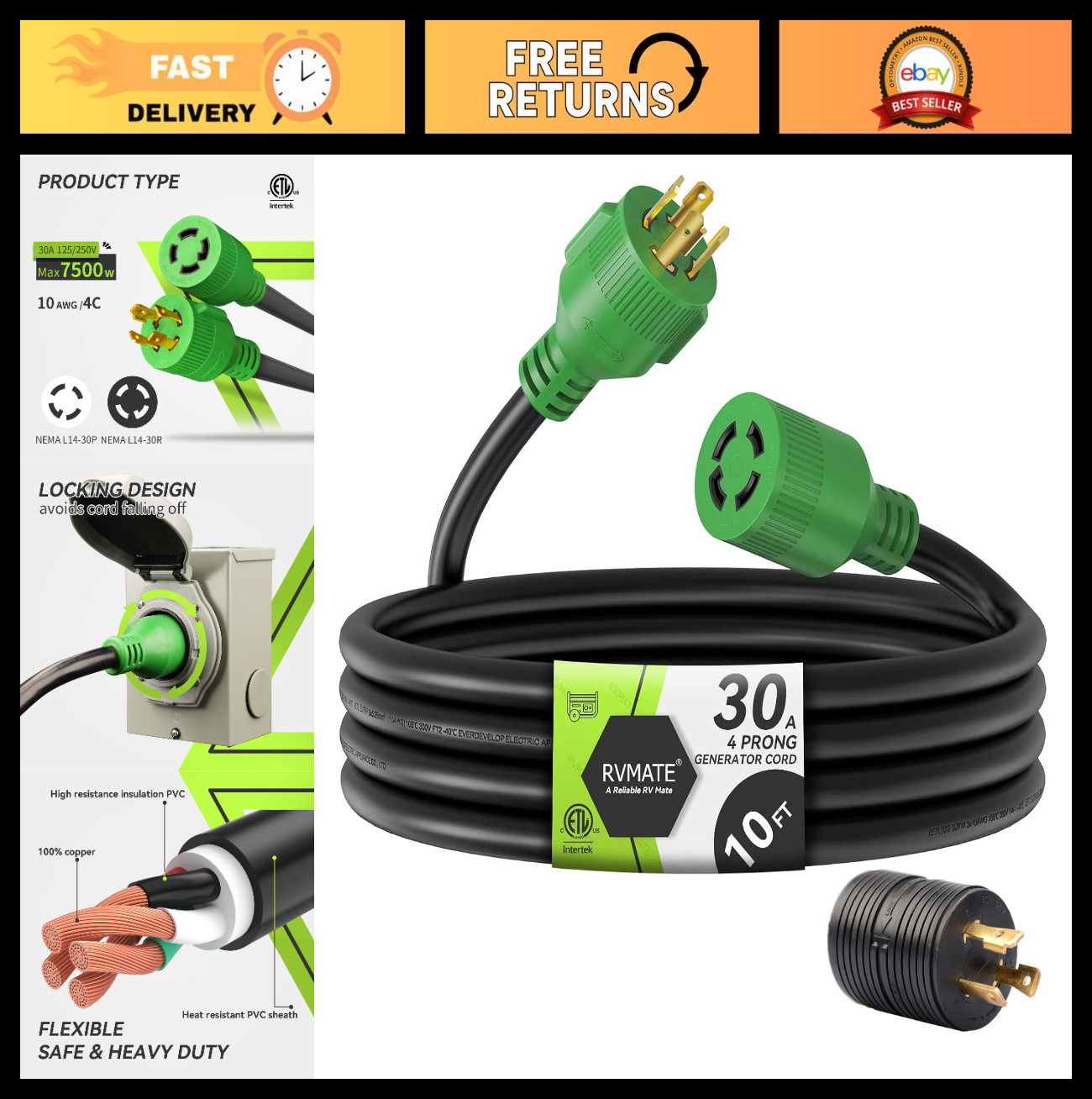 30 Amp Generator Extension Cord 10ft, 4 Prong NEMA L14-30P/L14-30R, 7500W, ETL L