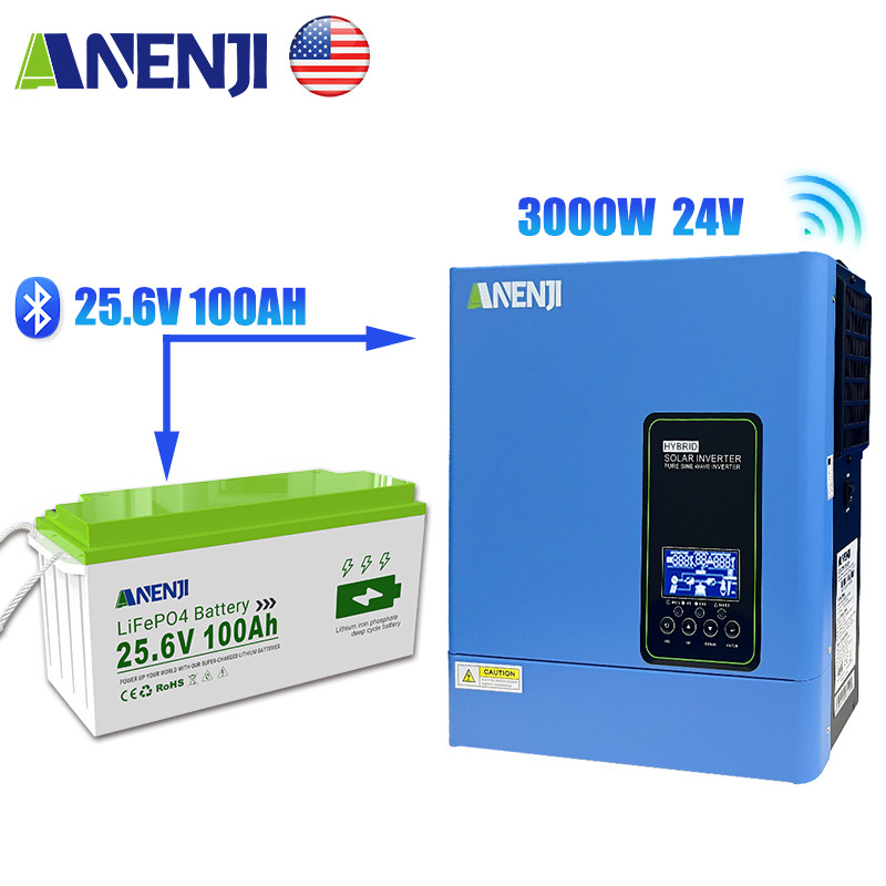 3KW 24V Hybrid Solar Inverter Charger Controller+25.6V 100AH LiFePO4 Battery US