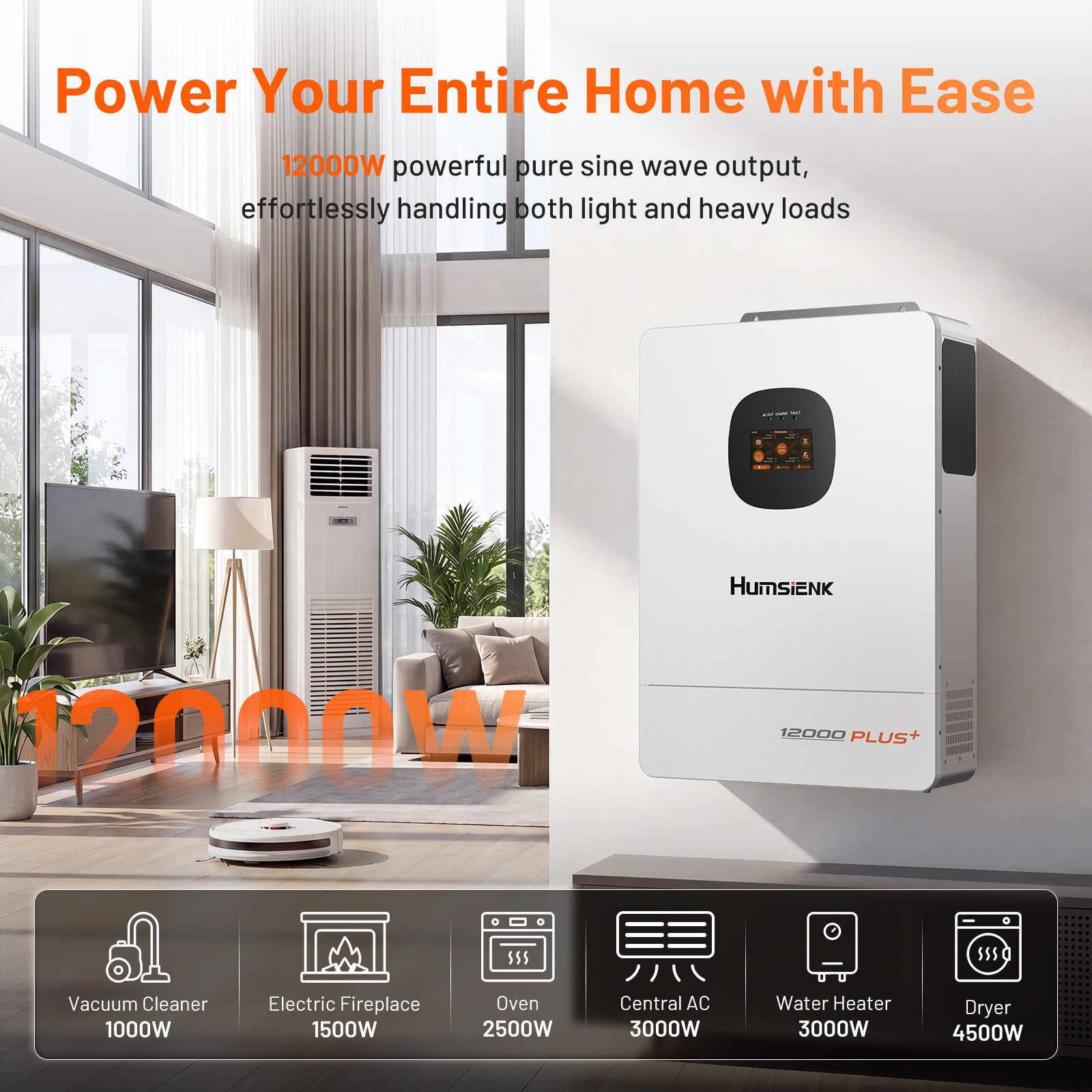 Humsienk 48V 12KW 3-in-1 Solar Hybrid Inverter Dual MPPT 120V/240V Split Phase