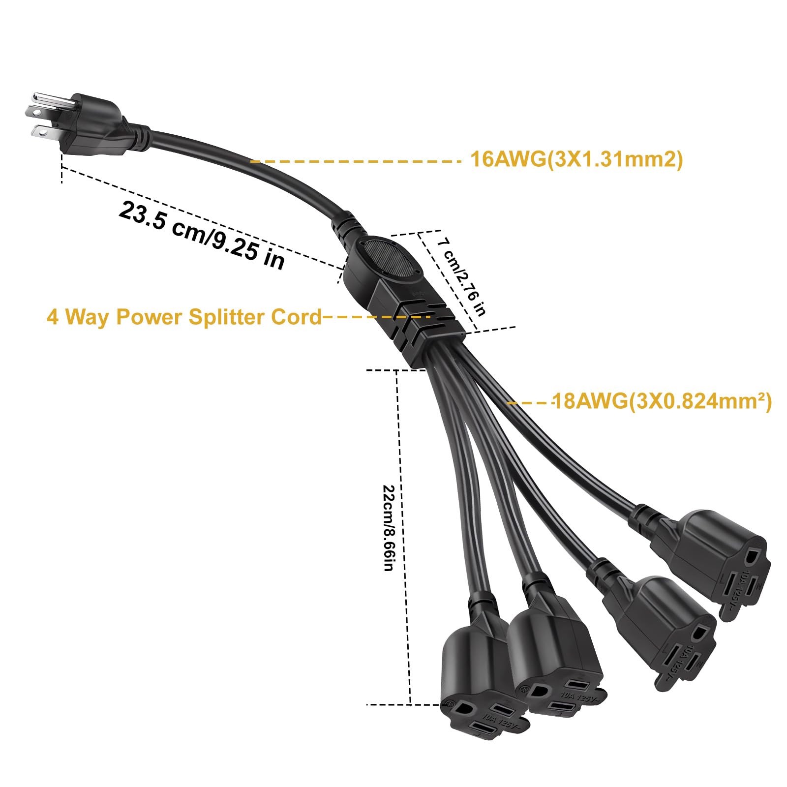 1.5 FT 1-to-2 Outlet Splitter Short Extension Cord 3-Prong 3-Way Power