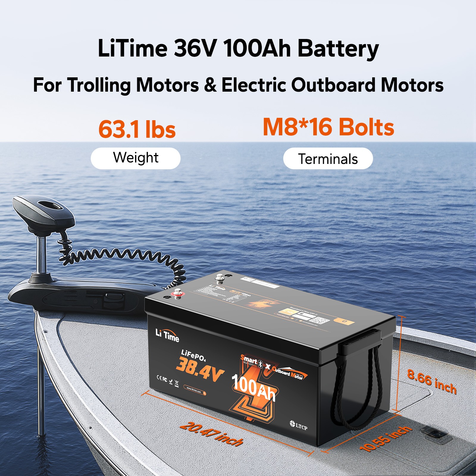 LiTime 36V 100Ah OBM TM Bluetooth LiFePO4 Lithium Battery For Outboard Motor