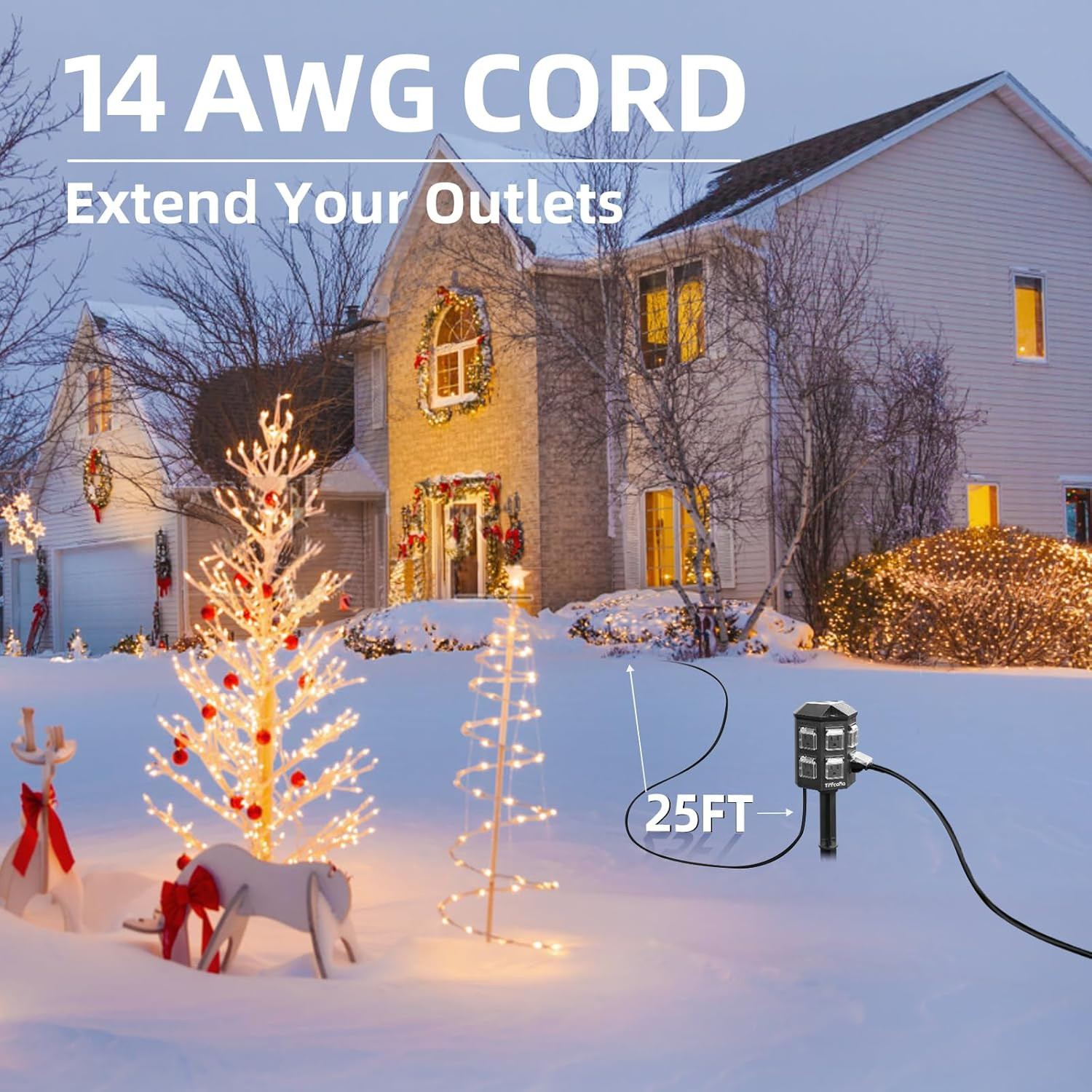 Outdoor Power Strip Weatherproof, 25 FT Extension Cord with Stake, 6 Grounded Ou