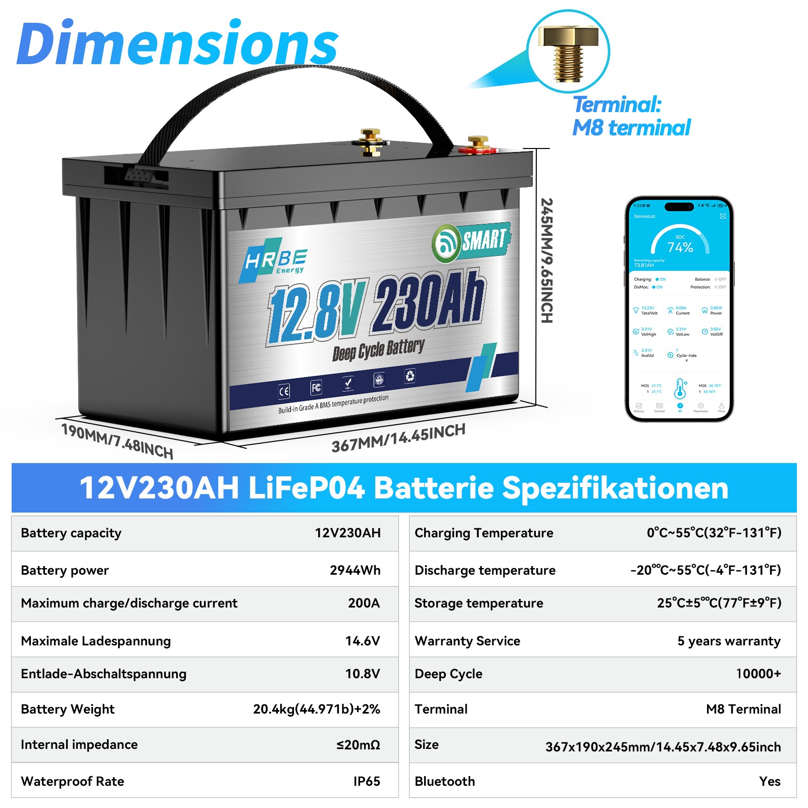 12V 230Ah Bluetooth Low Temp LiFePO4 Lithium Battery 3840WH For RV Marine Solar