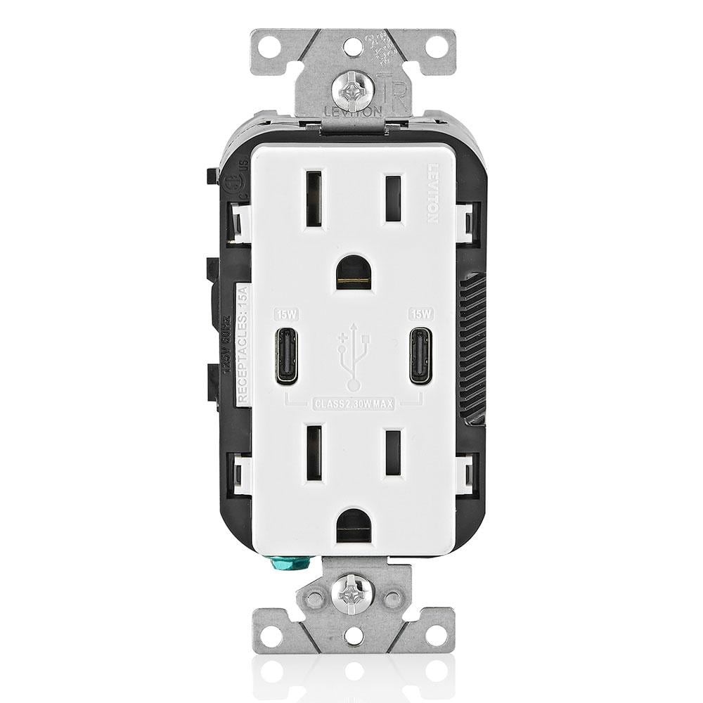 Leviton 30W 6A White USB Type-C 15A Tamper-Resistant Outlet Charger