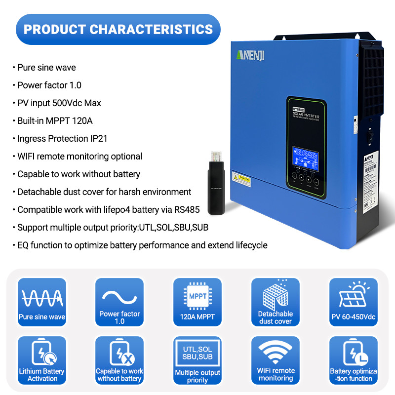 US 4200W 24V Solar Hybrid Inverter 110V 120V Pure Sine Wave 120A MPPT Controller