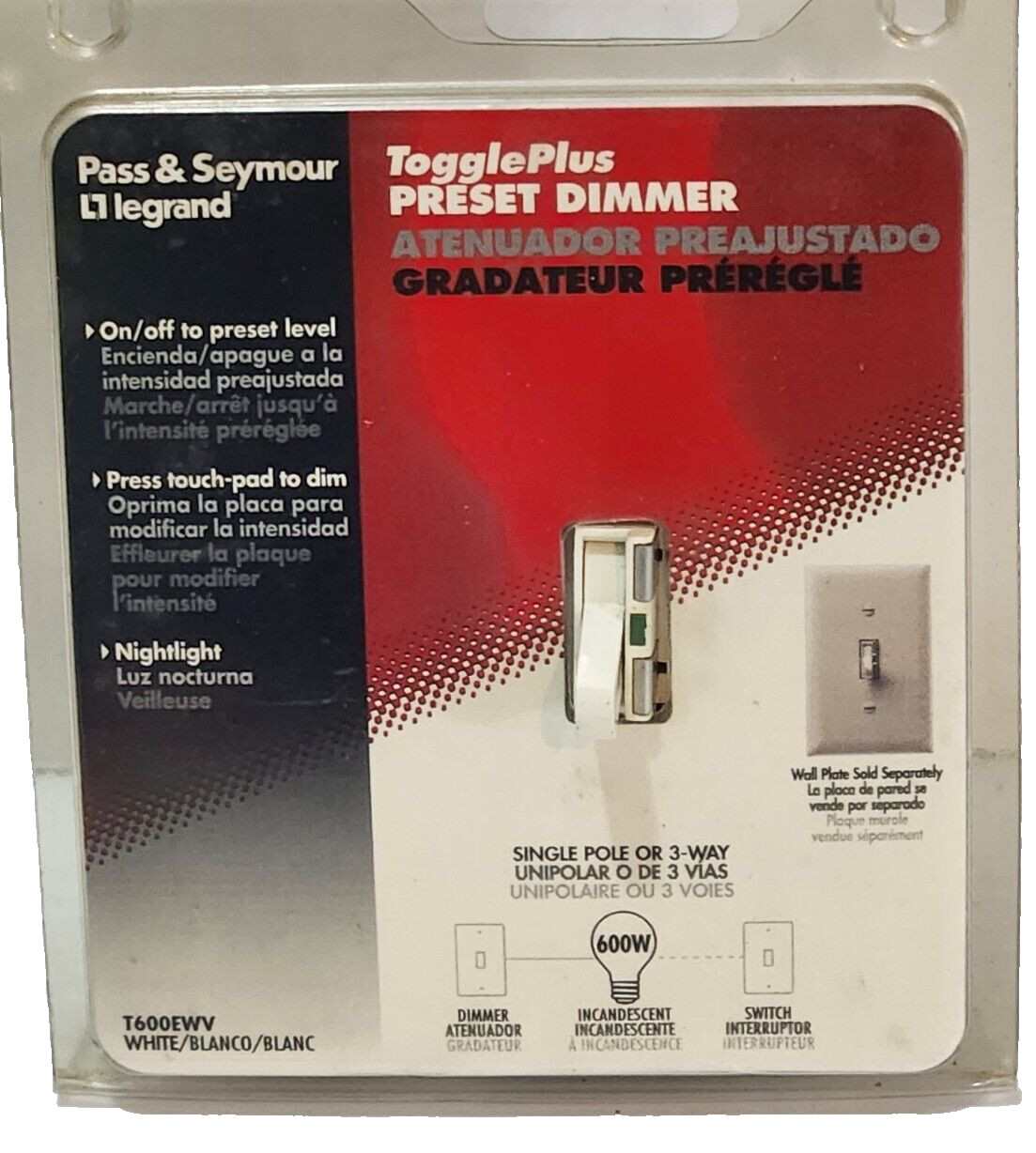Legrand Pass Seymour T600EWV Toggle Preset Dimmer Single Pole or 3 Way New
