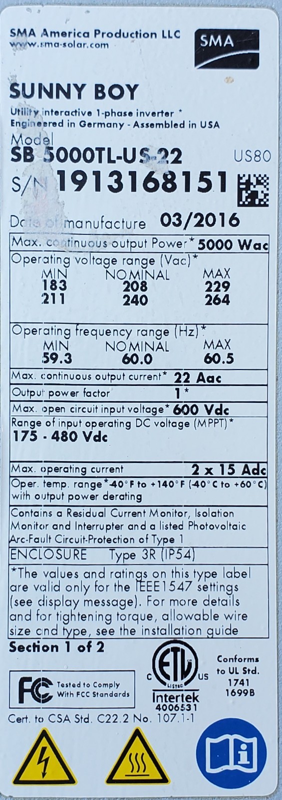 SMA Sunny Boy Inverter SB 5000TL-US-22