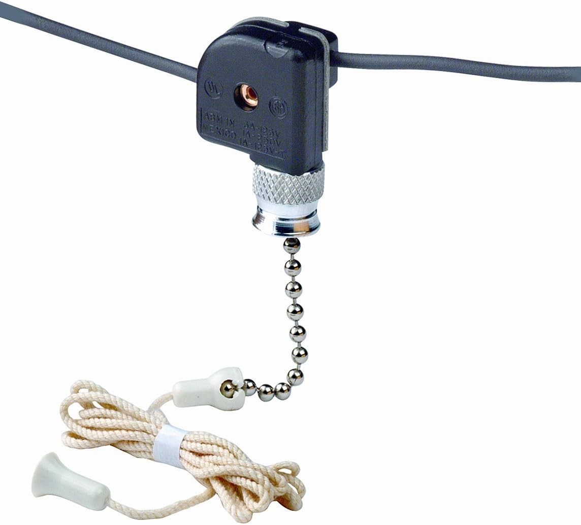 Leviton Pull Chain Switch, Single Pole On-Off; 1A-125V T, 3A-125V, 1A-250V; with