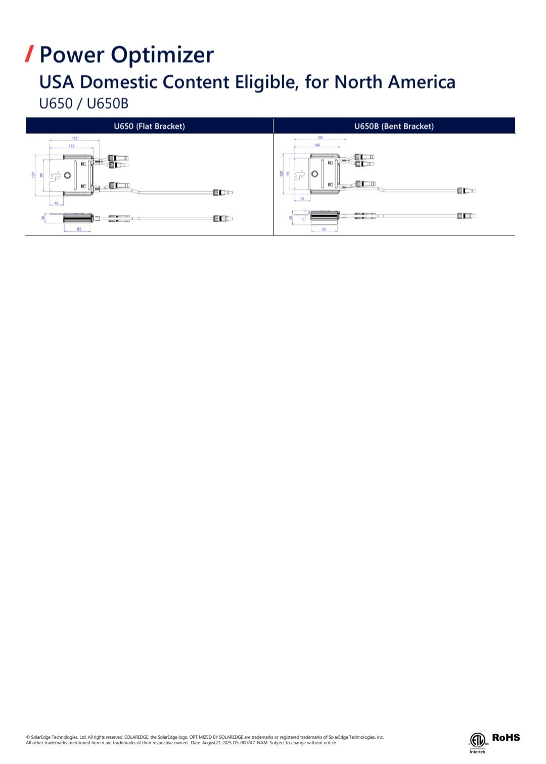u650 SolarEdge optimizer P/N:U650-1GM4MRMU. Domestic Content. Box of 20