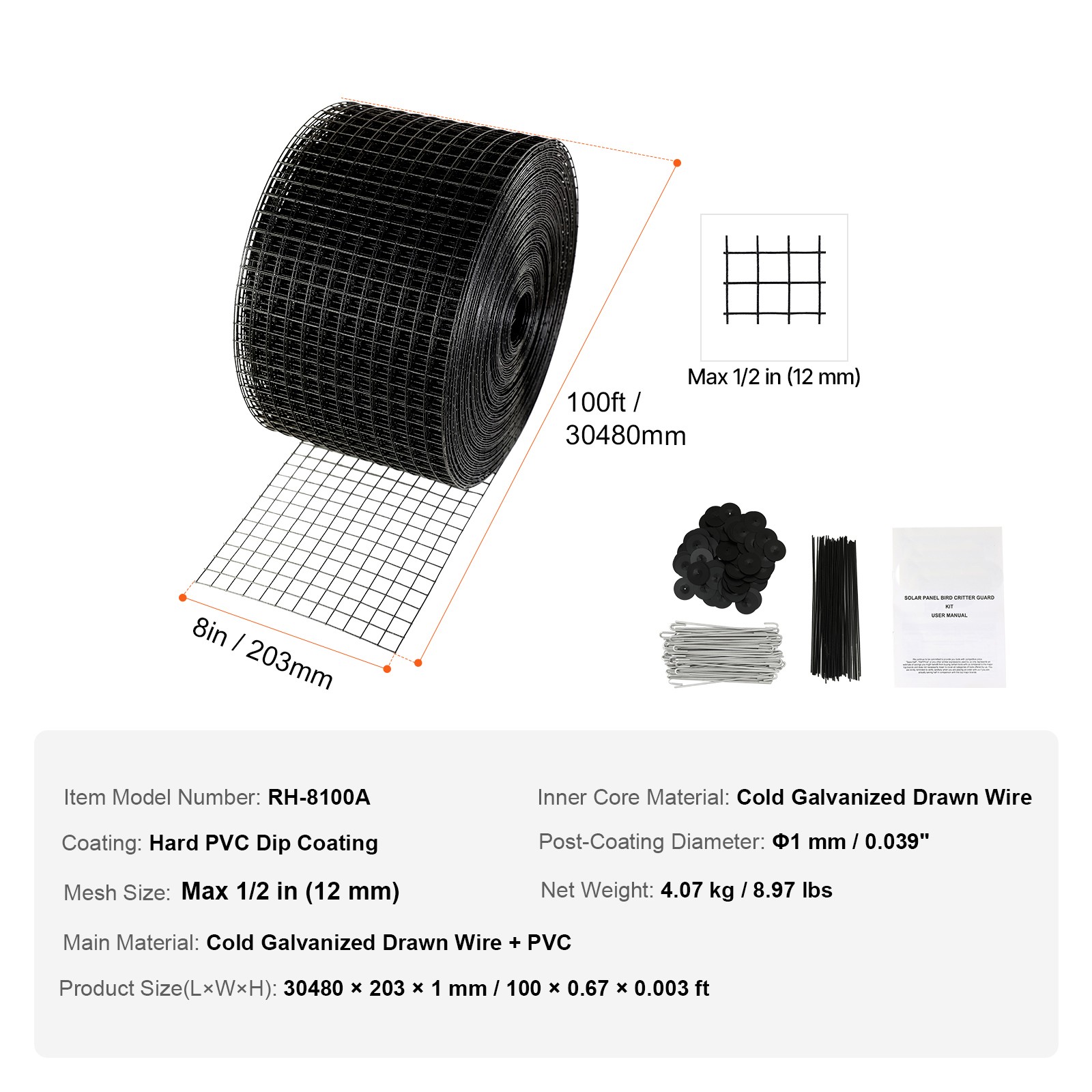 Uimoso 8in x 100ft Solar Panel Mesh Kit with 70 Fasteners for Bird Protection