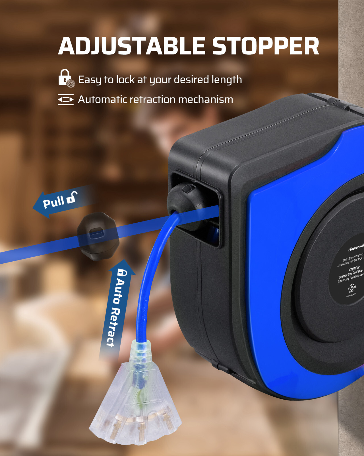 DEWENWILS Retractable Extension Cord Reel 75 FT Power Cord 14/3C SJTOW 15 Amp