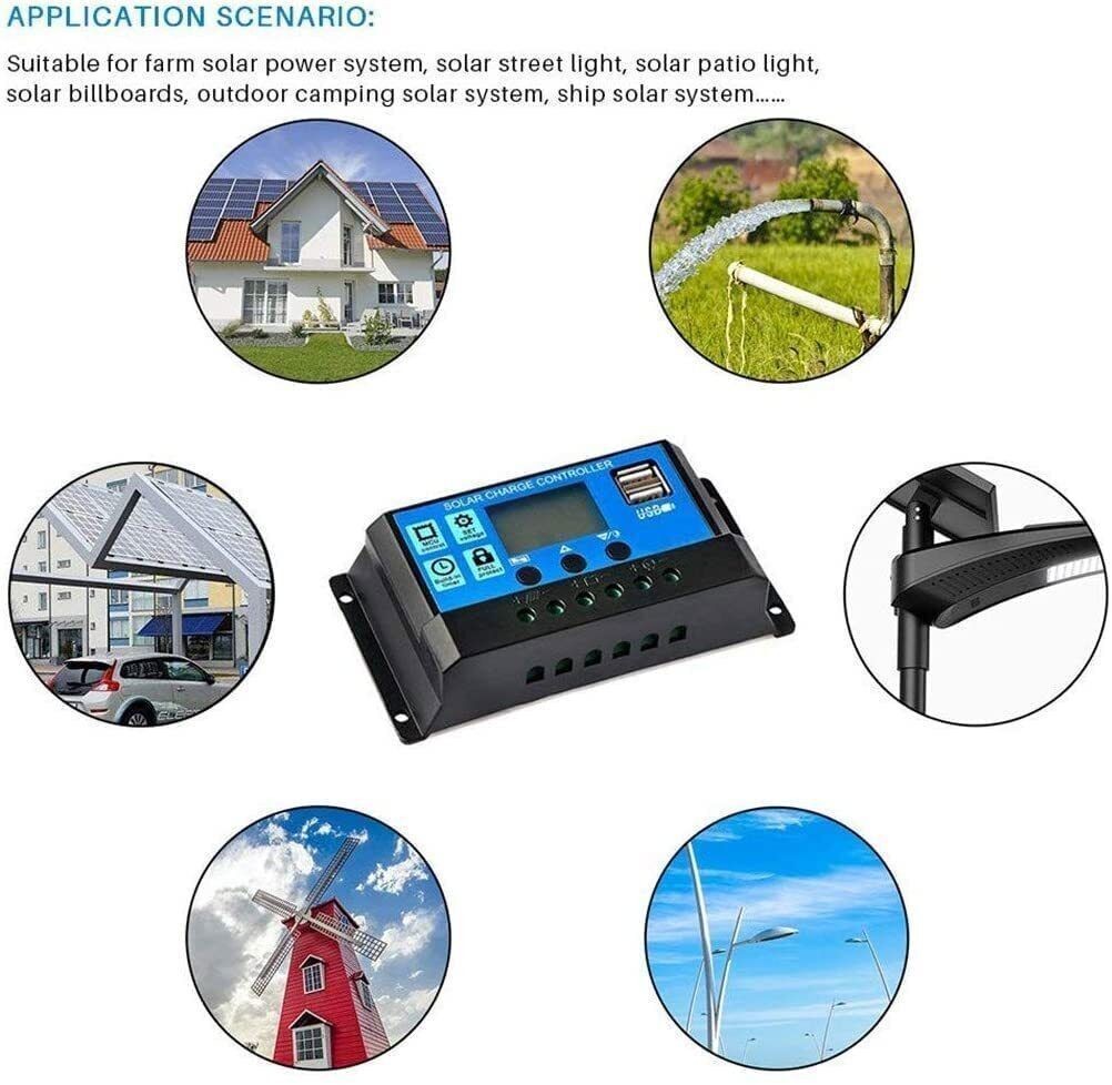 10A 12V/24V Solar Panel Battery Charge Controller LCD Auto Regulator Dual USB