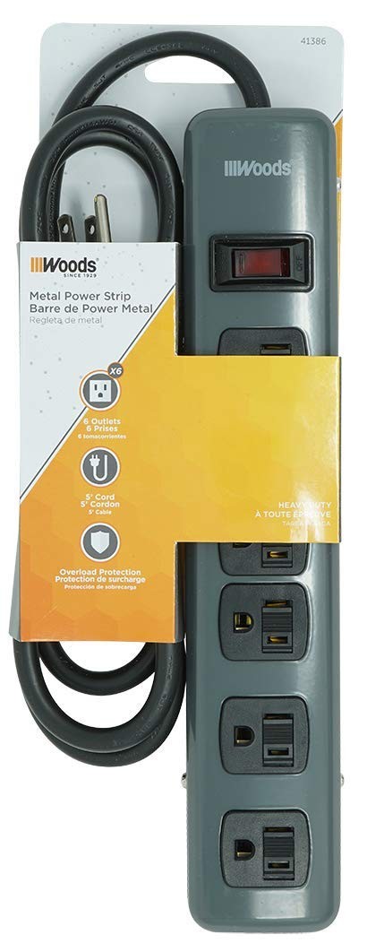 Southwire Woods Metal Power Strip – 6-Grounded Outlets – 5 foot, Dark Gray