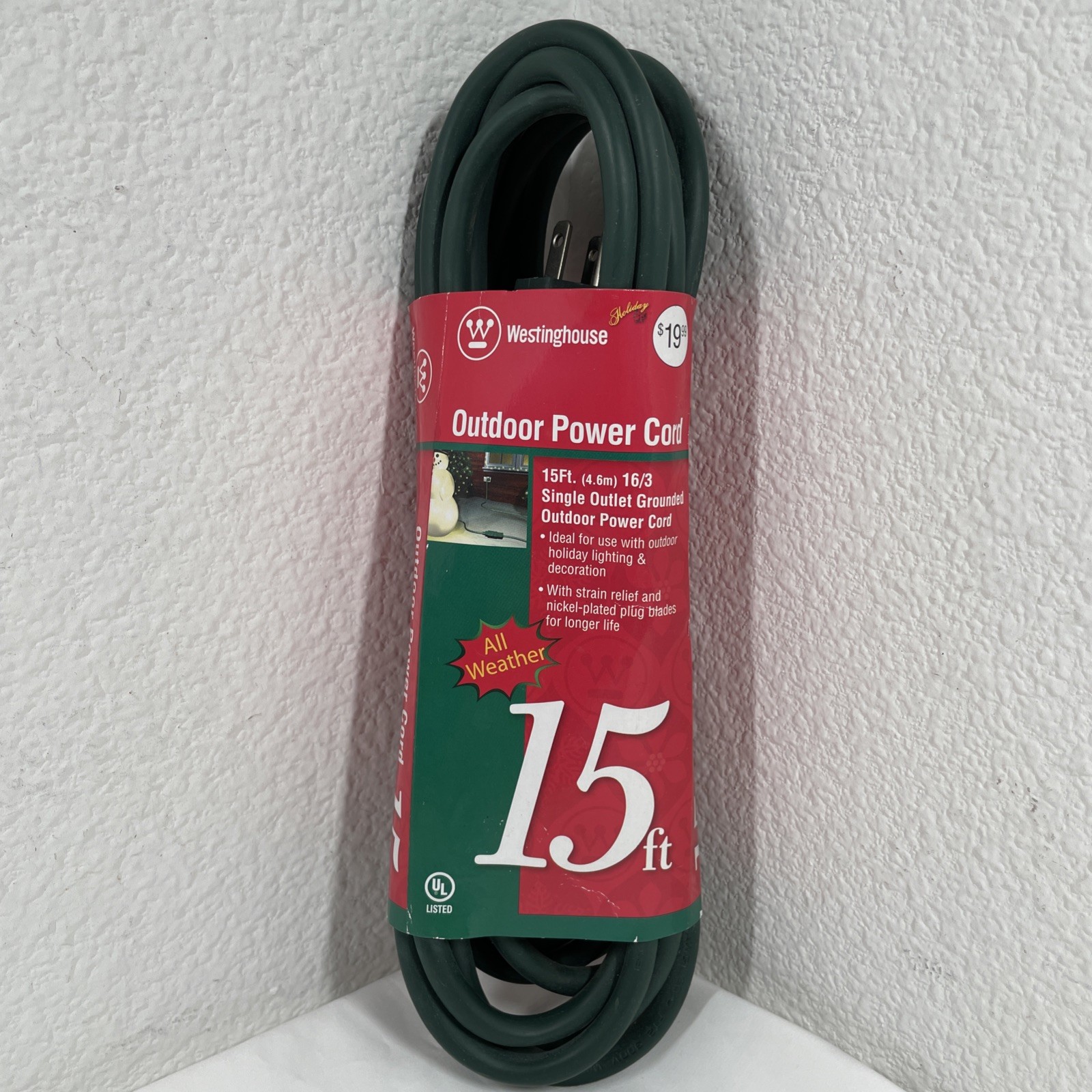 Westinghouse Grounded Outdoor Power Cord Green 15′ Medium Duty All Weather BNIP