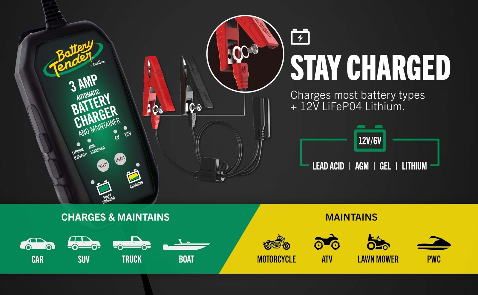 Battery Tender 3 AMP Battery Charger and Maintainer – Automotive Switchable 12V