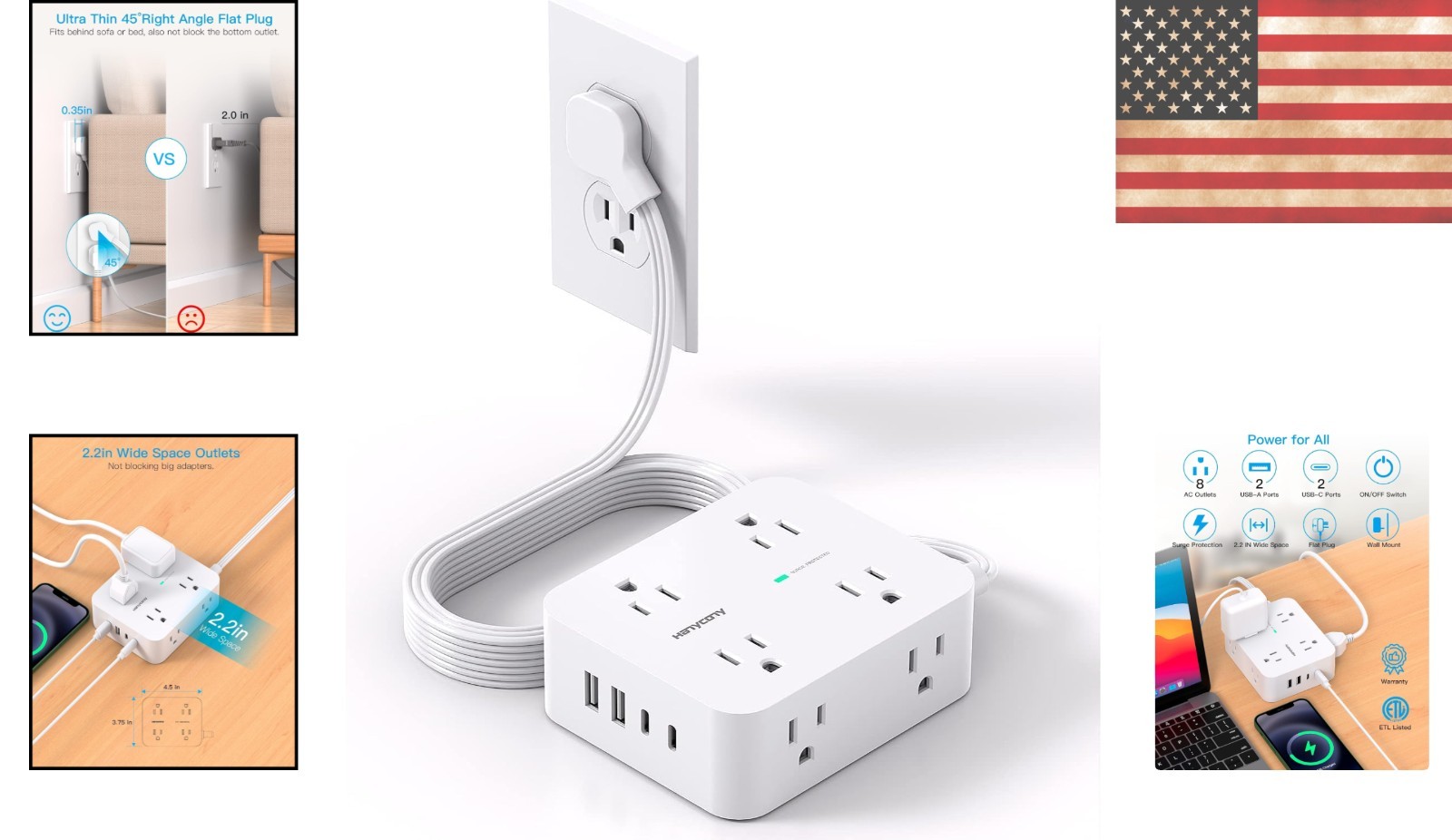 Ultra Thin 5ft Power Strip with 8 Outlets & 4 USB Ports – Safe for All Devices